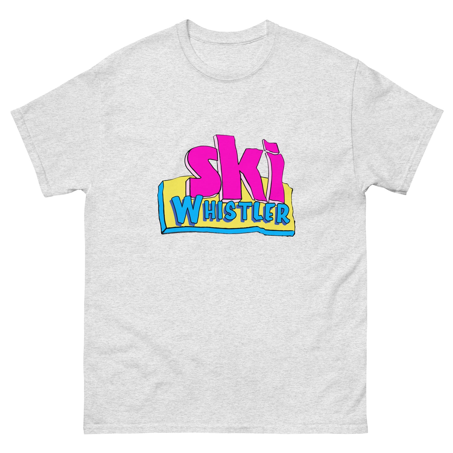 Ski Whistler printed in cartoon text on t-shirt by Whistler Shirts