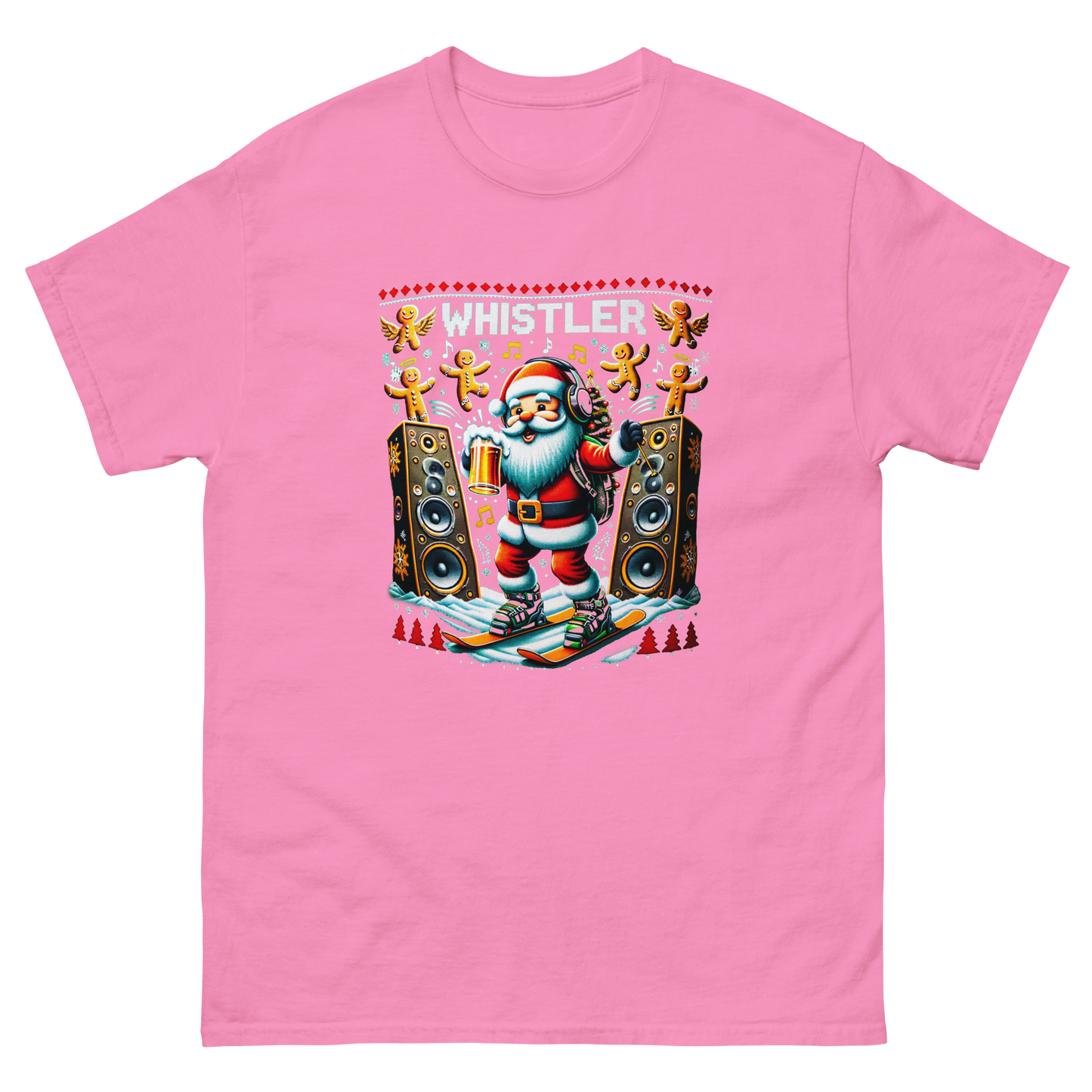 Rave santa drinking beer while skiing with giant speakers and ginger bread men in Whistler, ugly Christmas t-shirt printed by Whistler Shirts