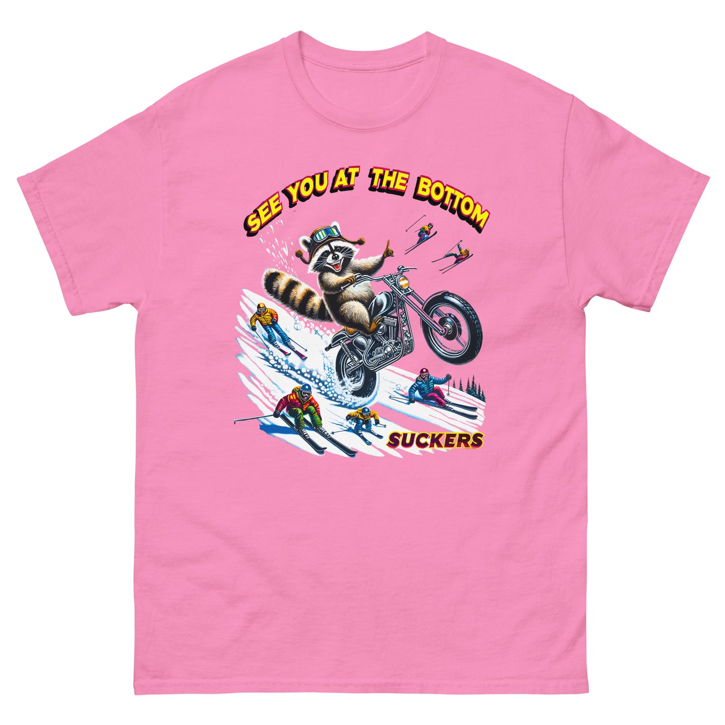 See you at the bottom suckers, racoon biking down the snow, printed t-shirt by Whistler Shirts