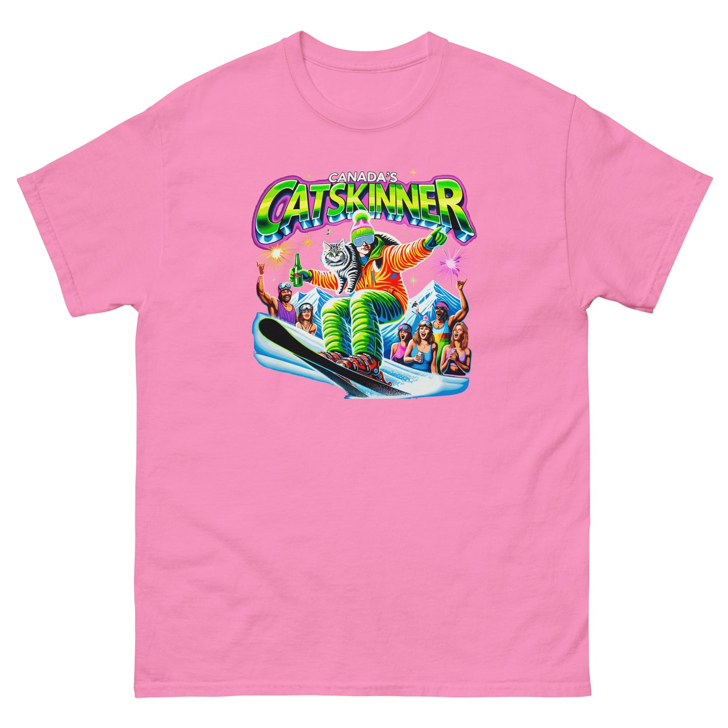 Canadas Catskinner person skiing with cat with people cheering printed on t-shirt by Whistler Shirts