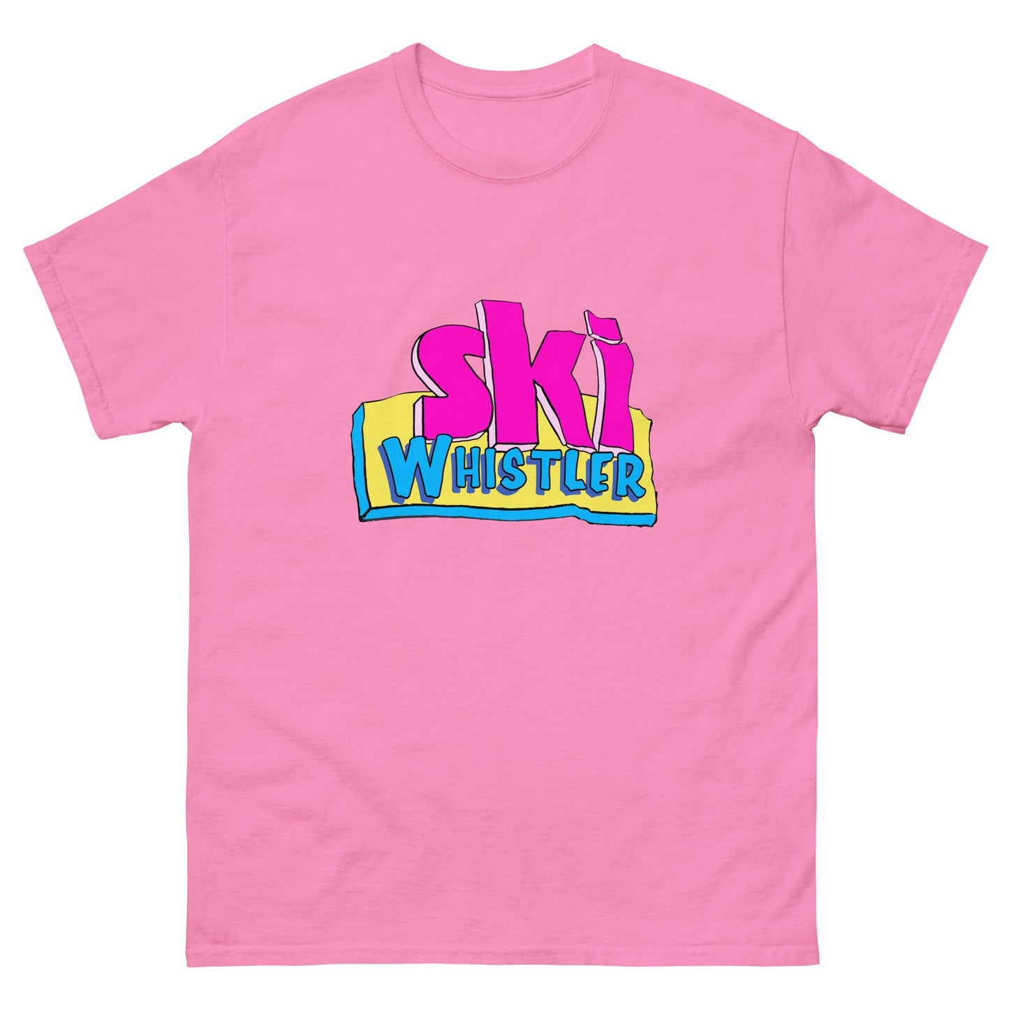 Ski Whistler printed in cartoon text on t-shirt by Whistler Shirts