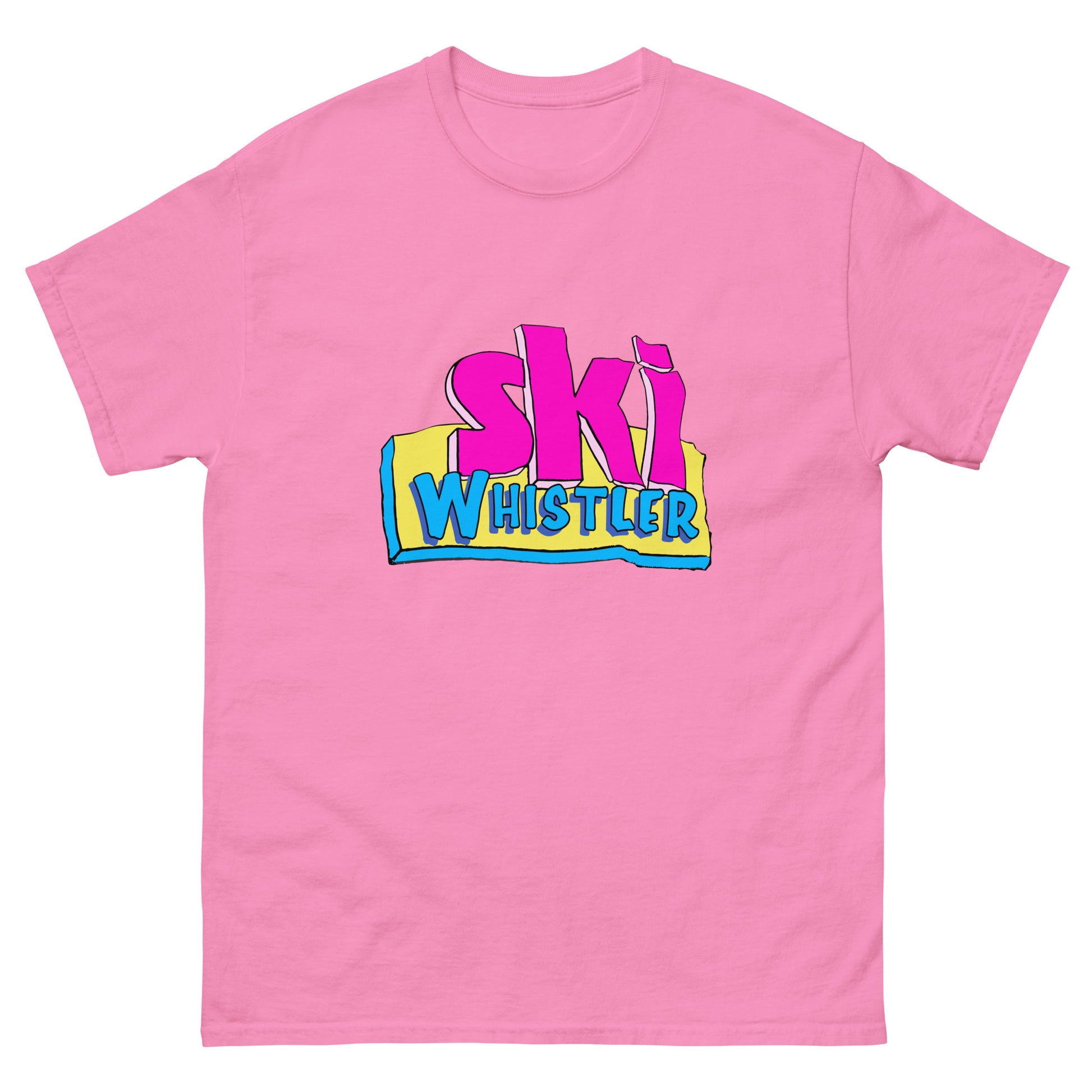 Ski Whistler printed in cartoon text on t-shirt by Whistler Shirts