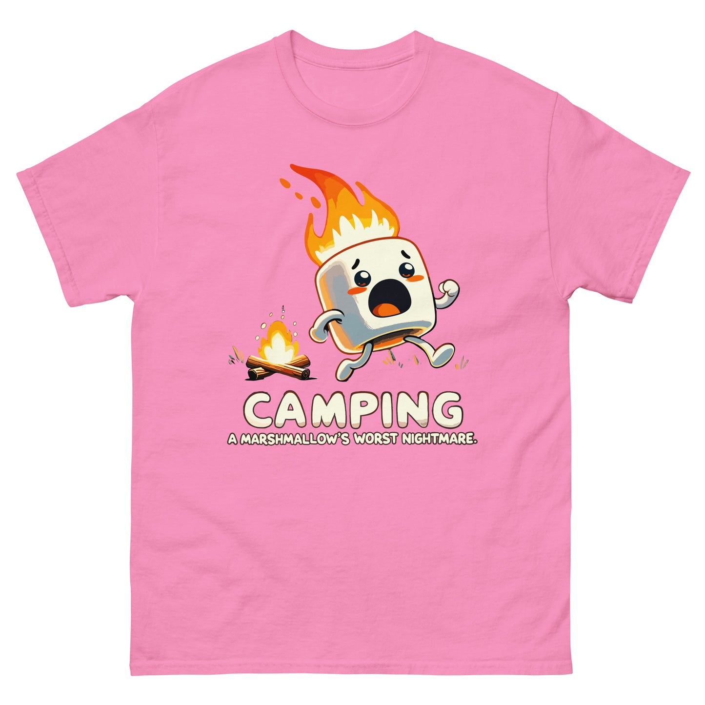 Camping a marshmellow's worst nightmare with flaming marshmellow running away scared from a campfire. Printed t-shirt by Whistler Shirts