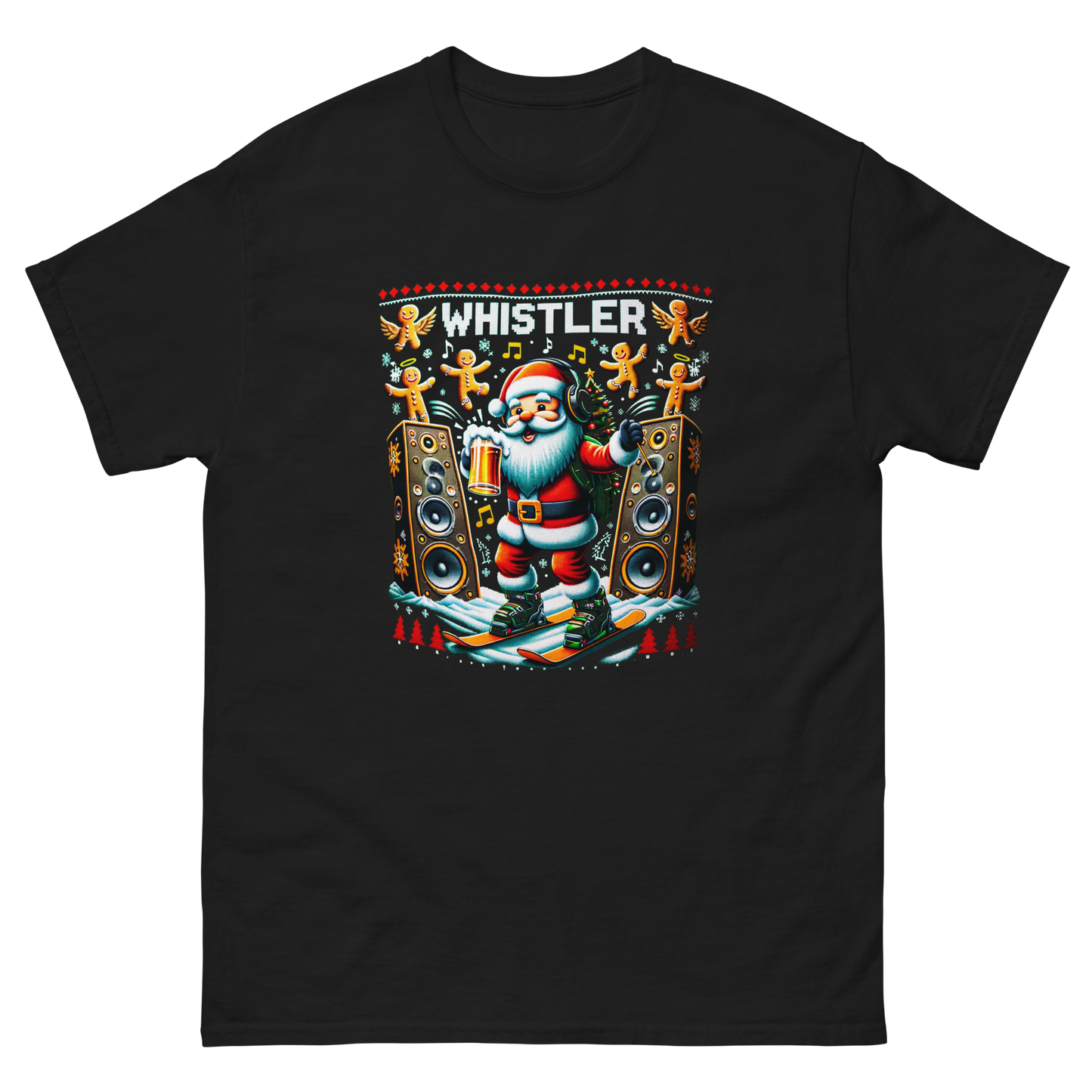 Rave santa drinking beer while skiing with giant speakers and ginger bread men in Whistler, ugly Christmas t-shirt printed by Whistler Shirts