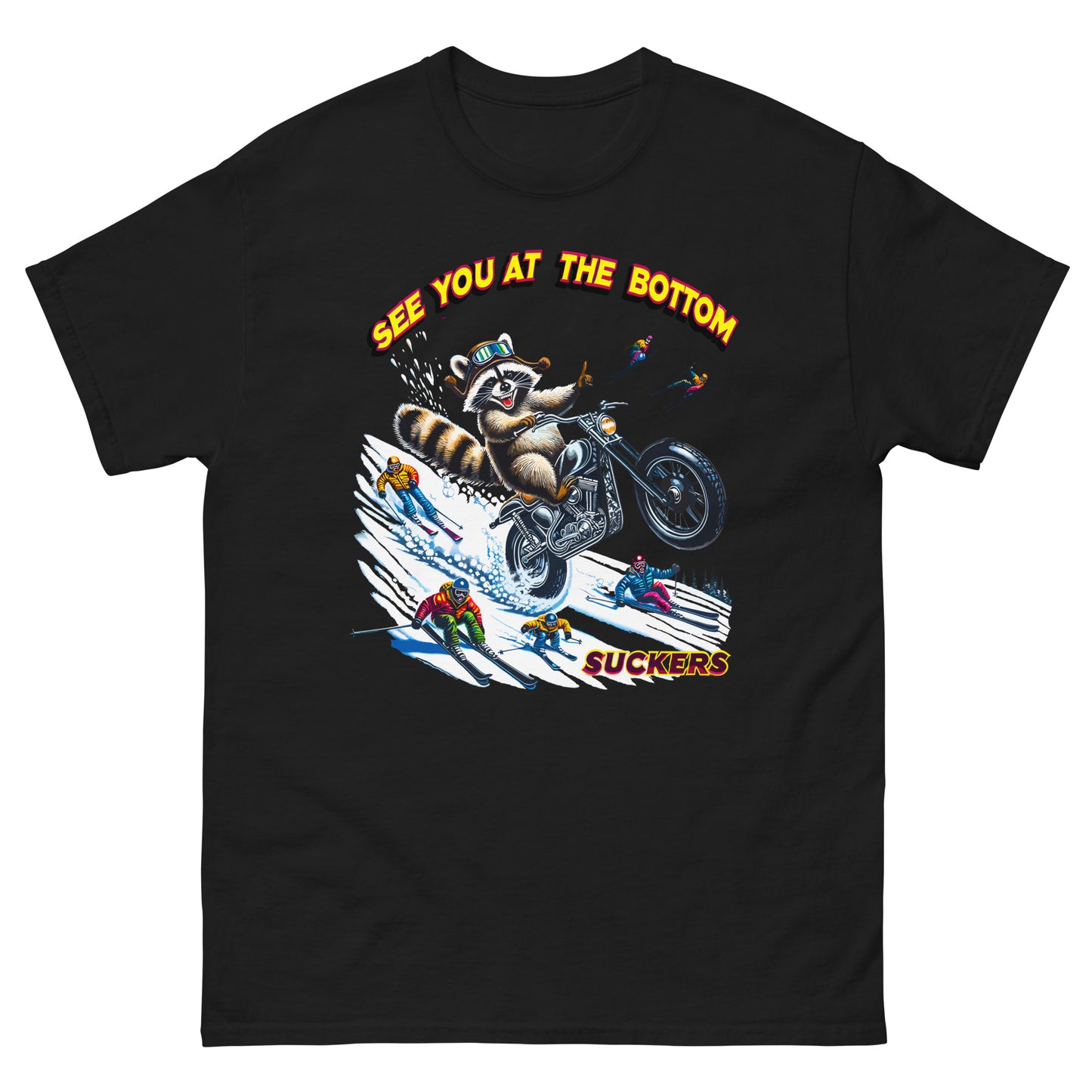 See you at the bottom suckers, racoon biking down the snow, printed t-shirt by Whistler Shirts