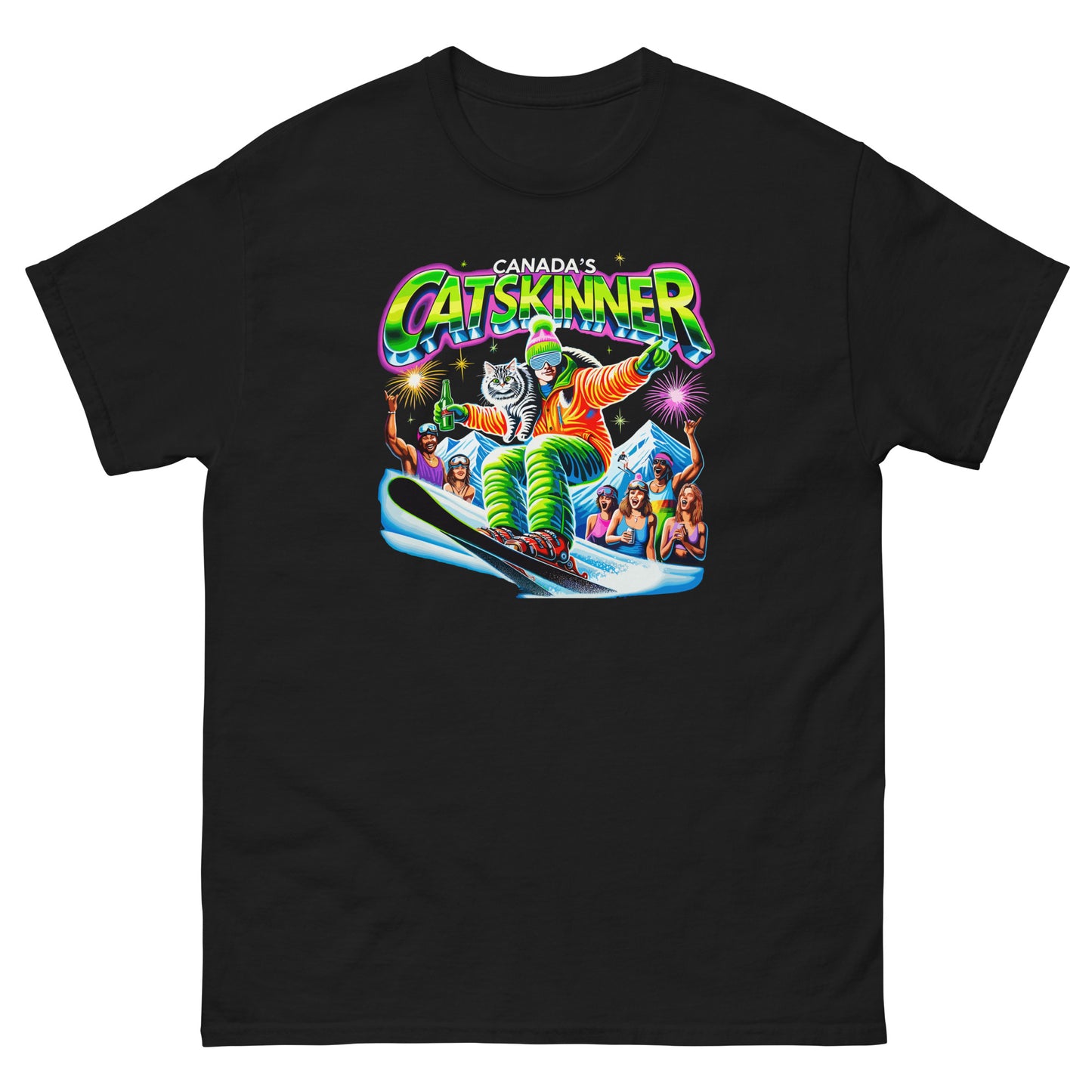 Canadas Catskinner person skiing with cat with people cheering printed on t-shirt by Whistler Shirts