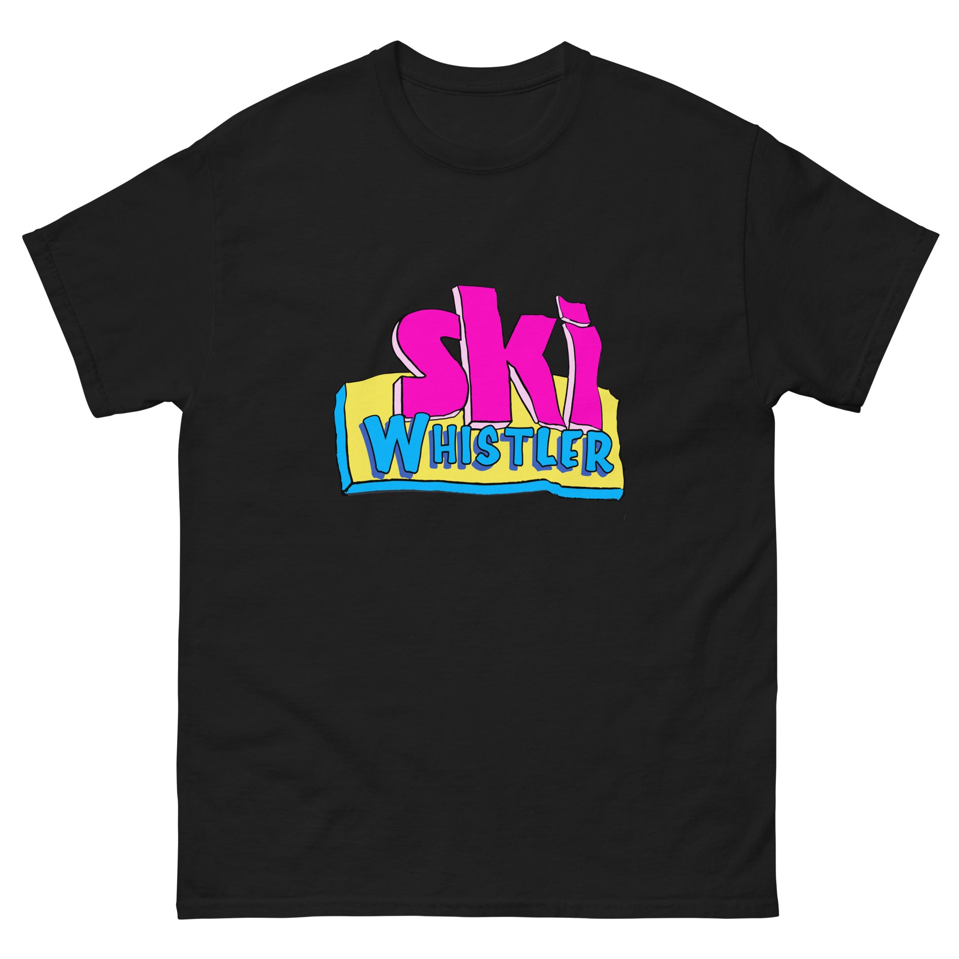 Ski Whistler printed in cartoon text on t-shirt by Whistler Shirts