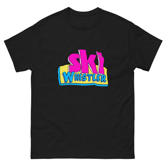 Ski Whistler printed in cartoon text on t-shirt by Whistler Shirts