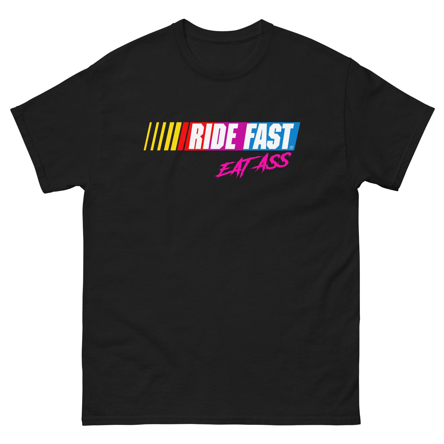 Ride fast eat ass design printed on t-shirt by Whistler Shirts