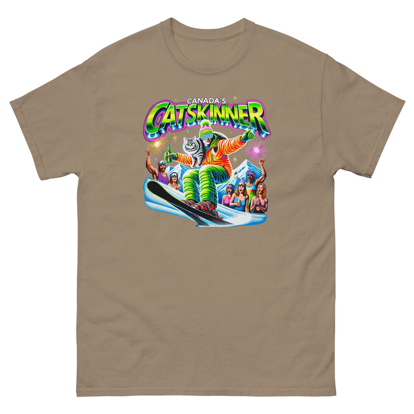 Canadas Catskinner person skiing with cat with people cheering printed on t-shirt by Whistler Shirts