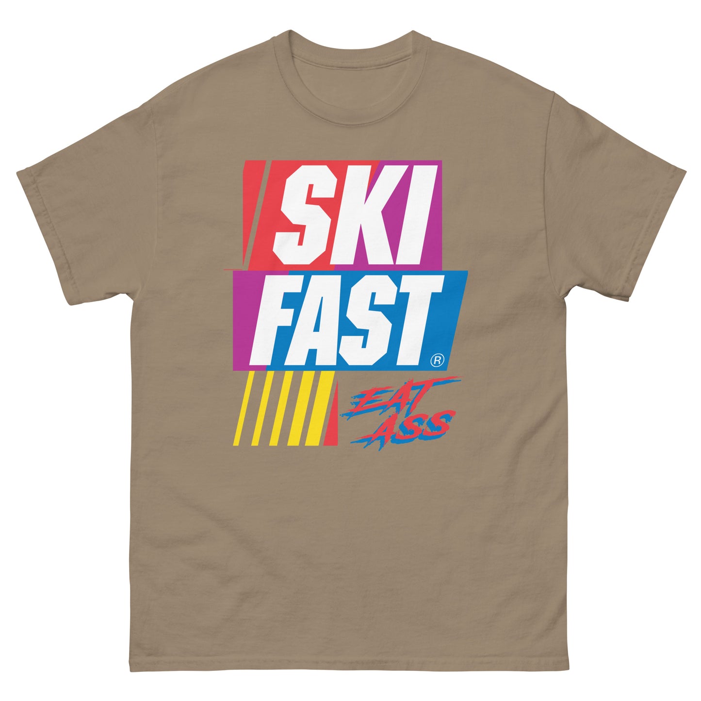 Ski fast eat ass printed on a t-shirt by Whistler Shirts
