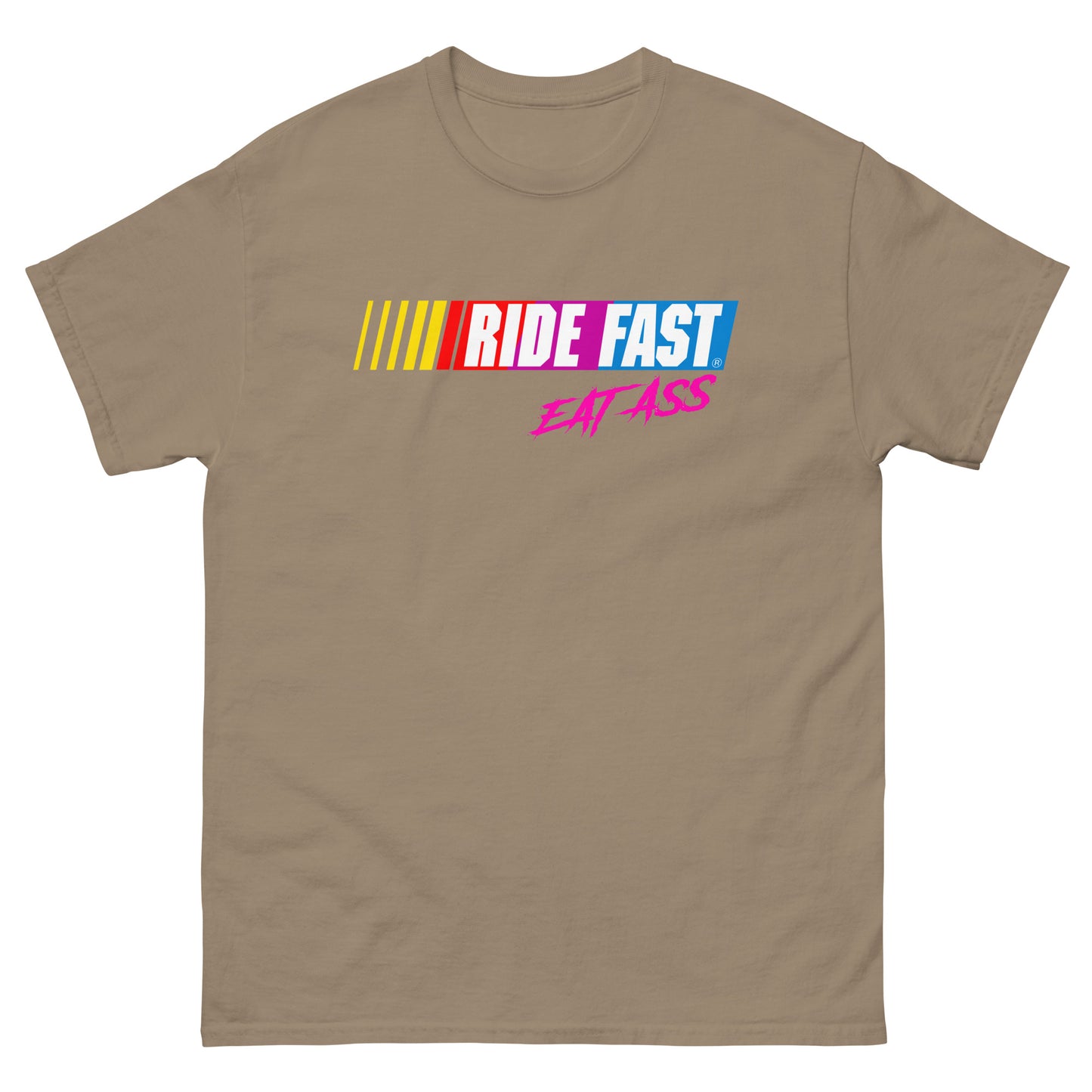 Ride fast eat ass design printed on t-shirt by Whistler Shirts