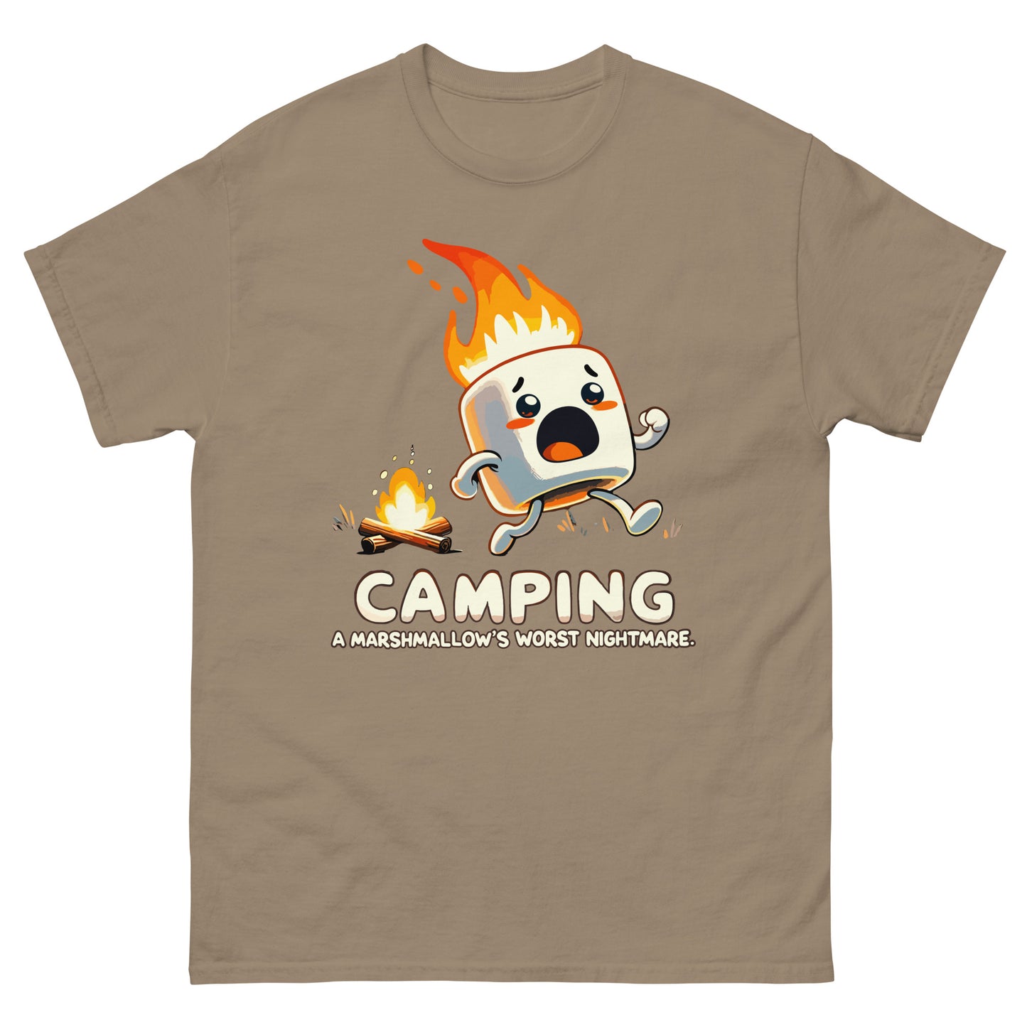 Camping a marshmellow's worst nightmare with flaming marshmellow running away scared from a campfire. Printed t-shirt by Whistler Shirts