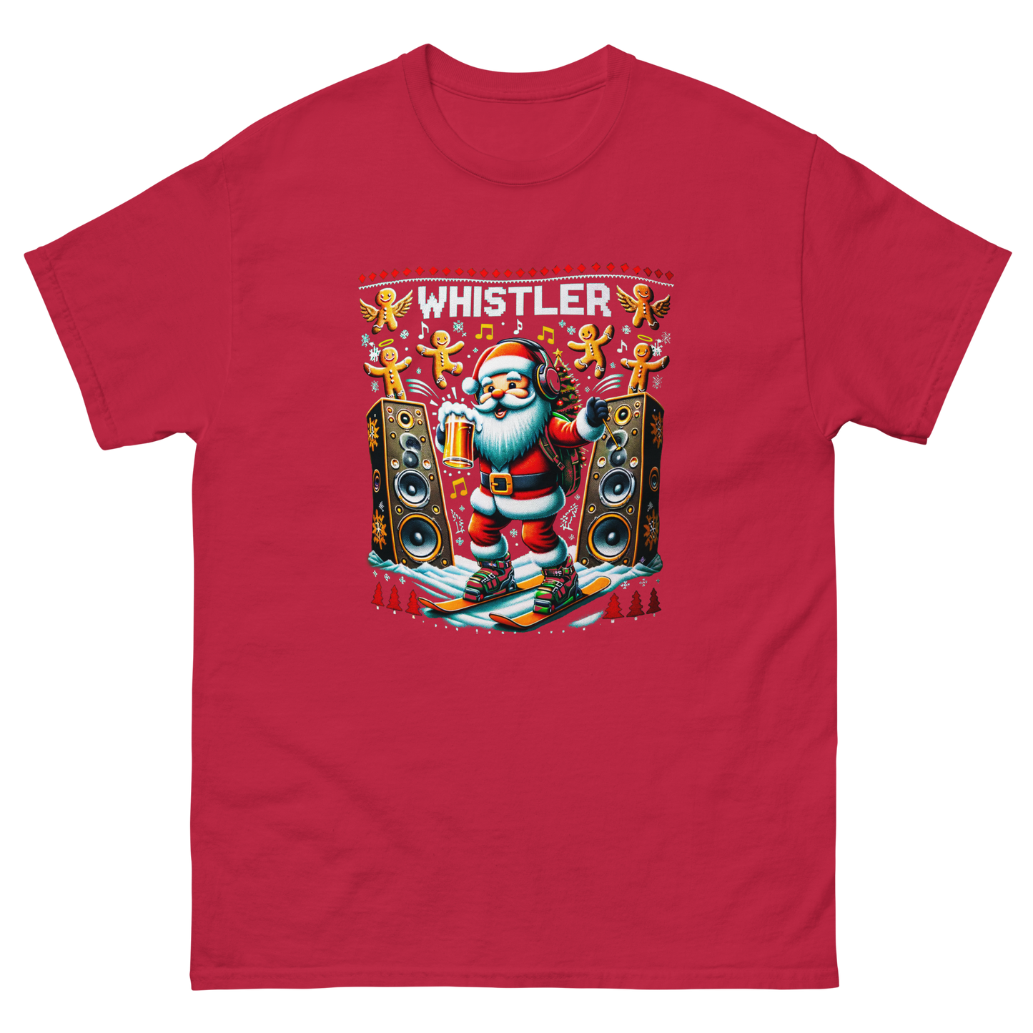 Rave santa drinking beer while skiing with giant speakers and ginger bread men in Whistler, ugly Christmas t-shirt printed by Whistler Shirts