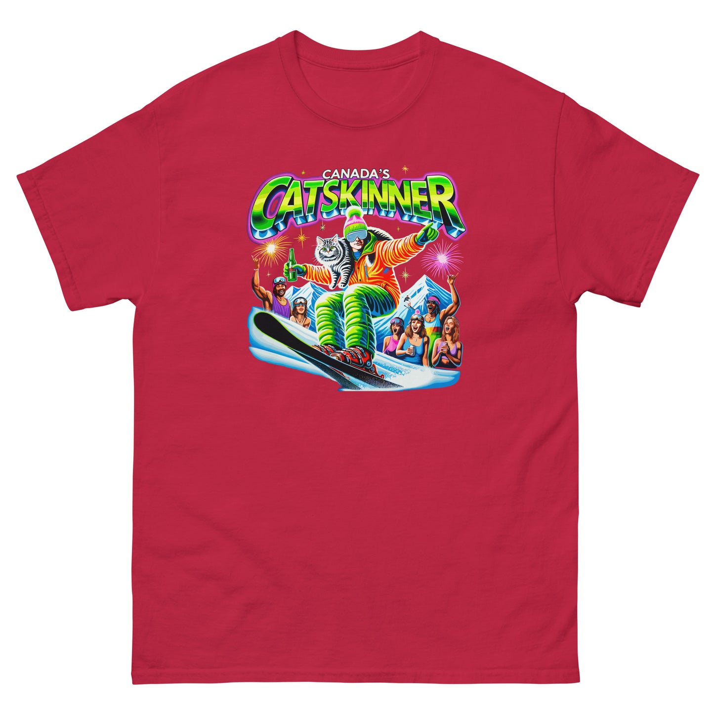 Canadas Catskinner person skiing with cat with people cheering printed on t-shirt by Whistler Shirts