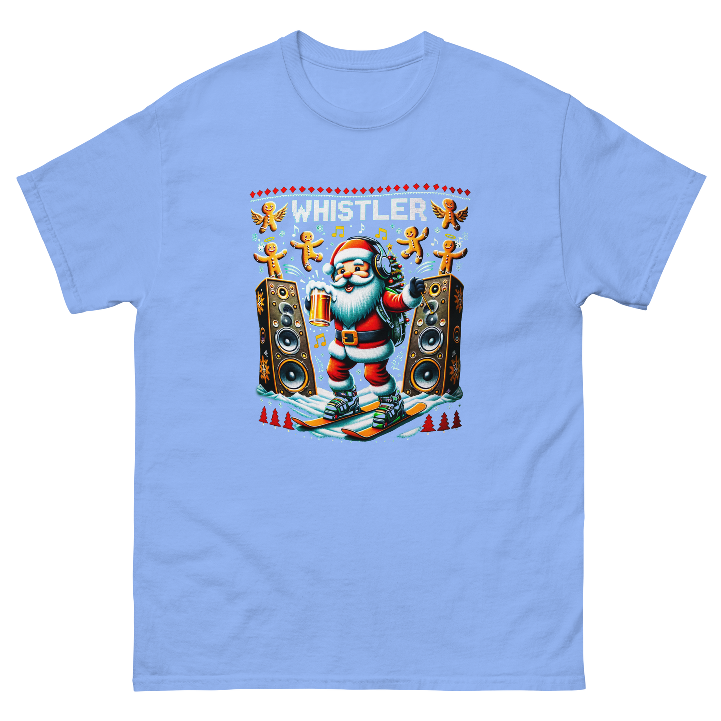 Rave santa drinking beer while skiing with giant speakers and ginger bread men in Whistler, ugly Christmas t-shirt printed by Whistler Shirts