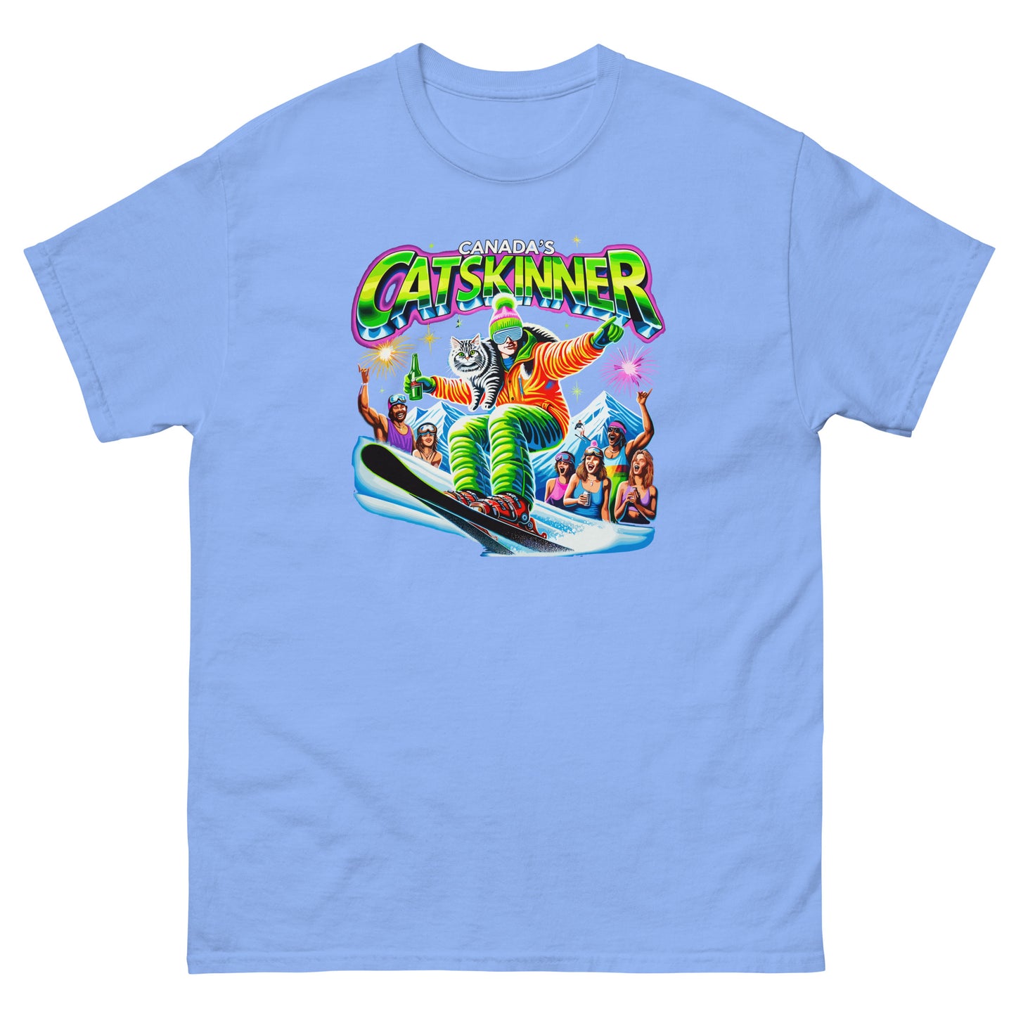 Canadas Catskinner person skiing with cat with people cheering printed on t-shirt by Whistler Shirts