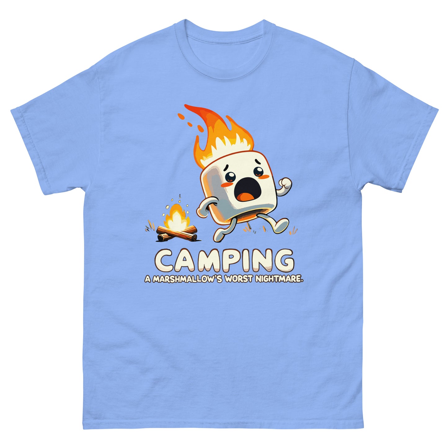 Camping a marshmellow's worst nightmare with flaming marshmellow running away scared from a campfire. Printed t-shirt by Whistler Shirts