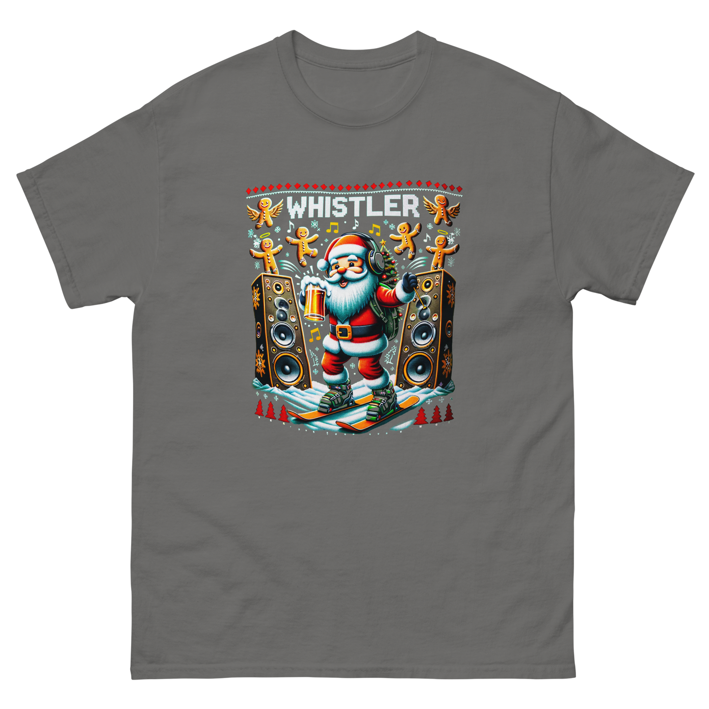 Rave santa drinking beer while skiing with giant speakers and ginger bread men in Whistler, ugly Christmas t-shirt printed by Whistler Shirts