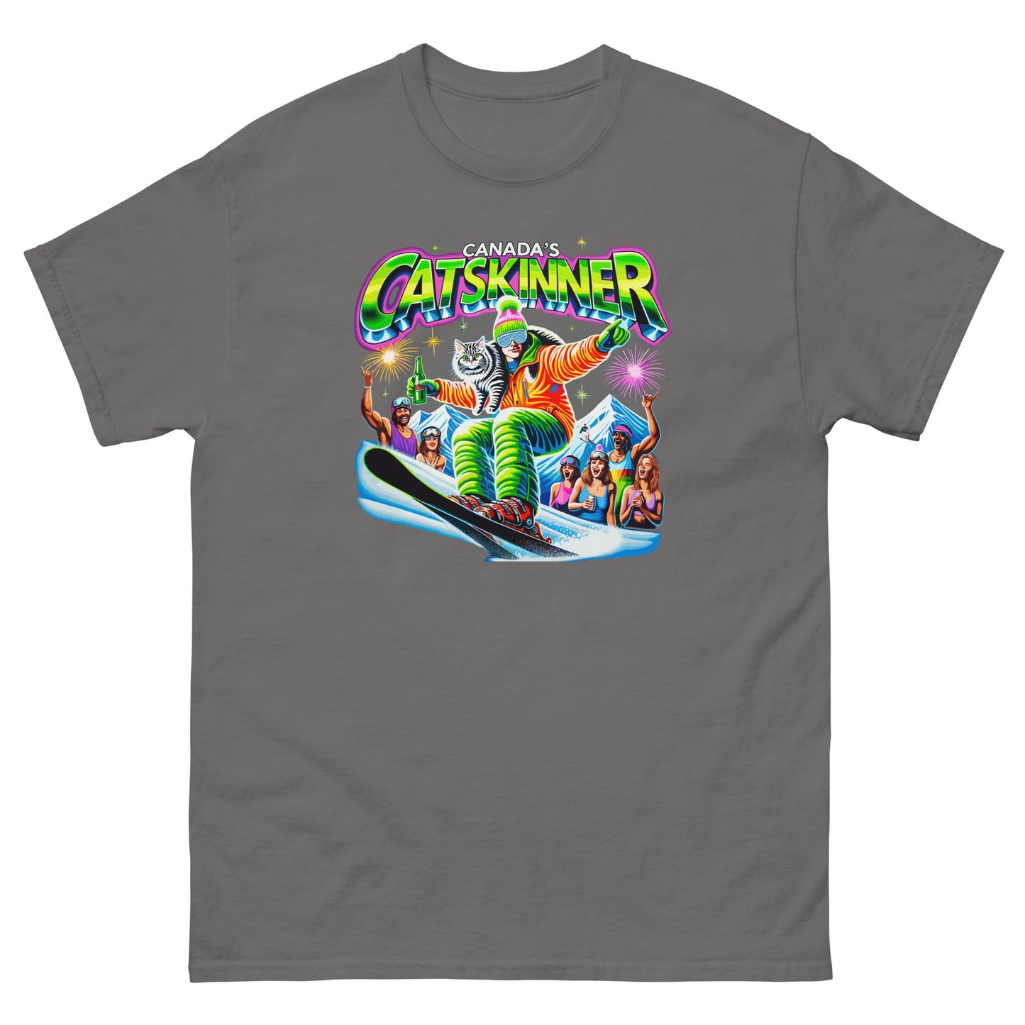 Canadas Catskinner person skiing with cat with people cheering printed on t-shirt by Whistler Shirts