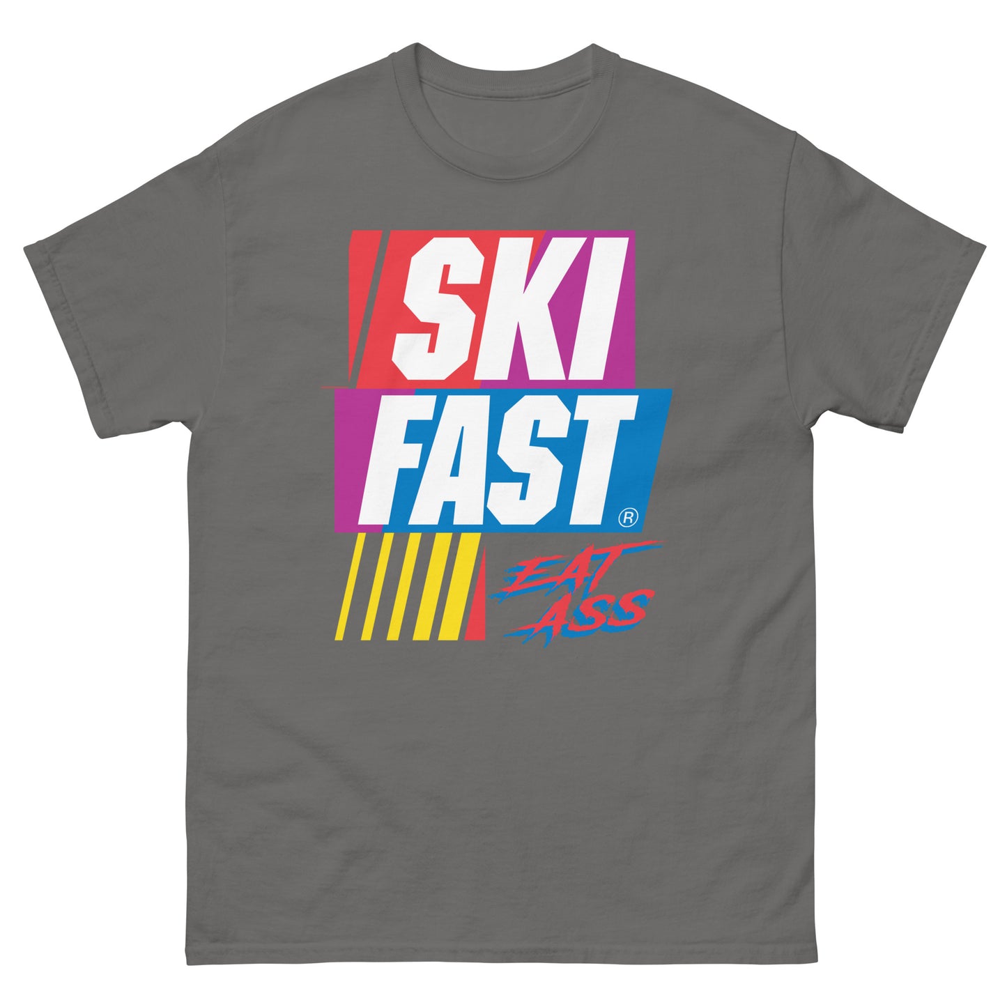 Ski fast eat ass printed on a t-shirt by Whistler Shirts