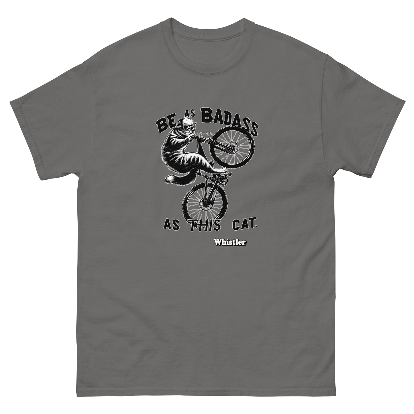 Be as badass as this cat whistler cat riding a bike design printed on a t-shirt by Whistler Shirts