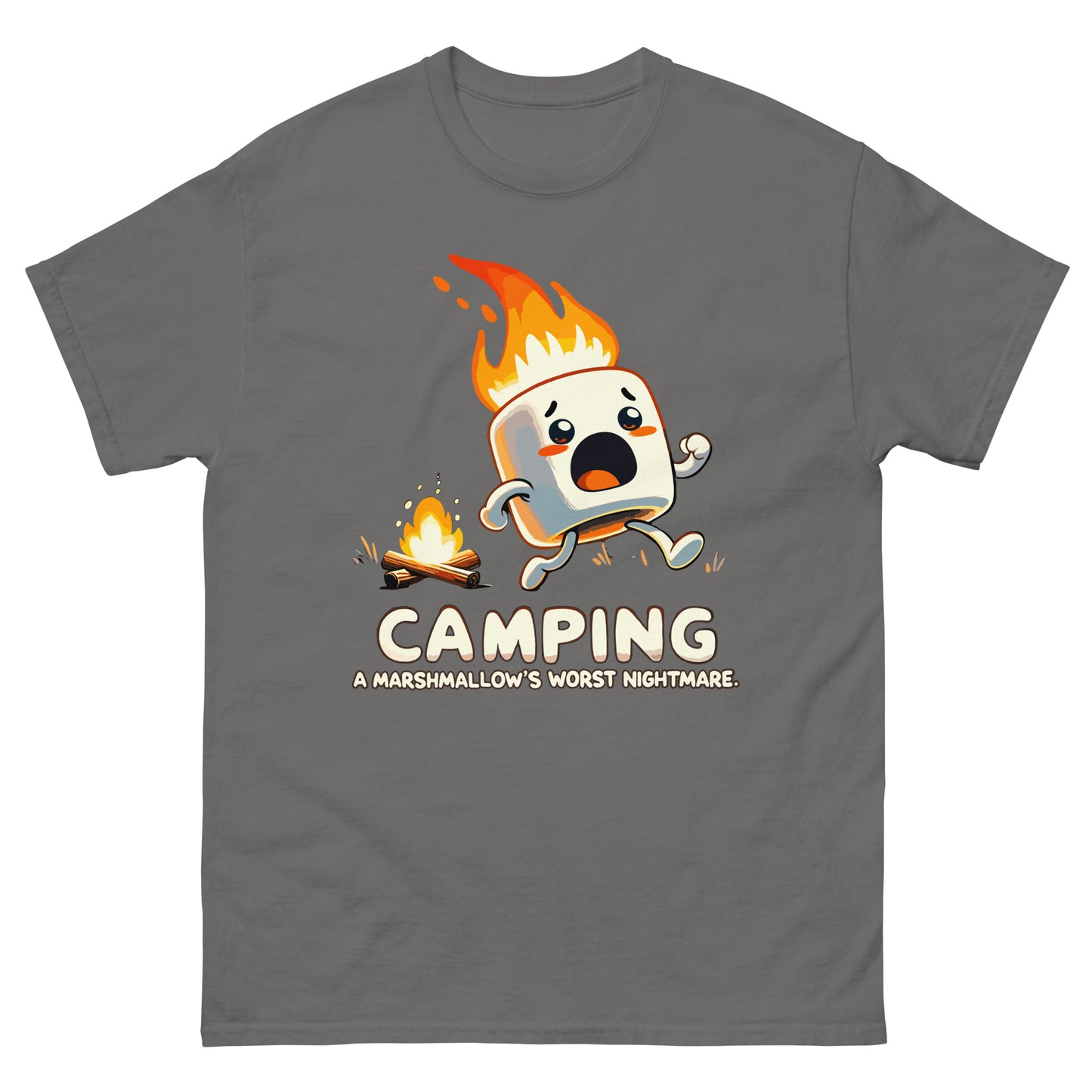 Camping a marshmellow's worst nightmare with flaming marshmellow running away scared from a campfire. Printed t-shirt by Whistler Shirts