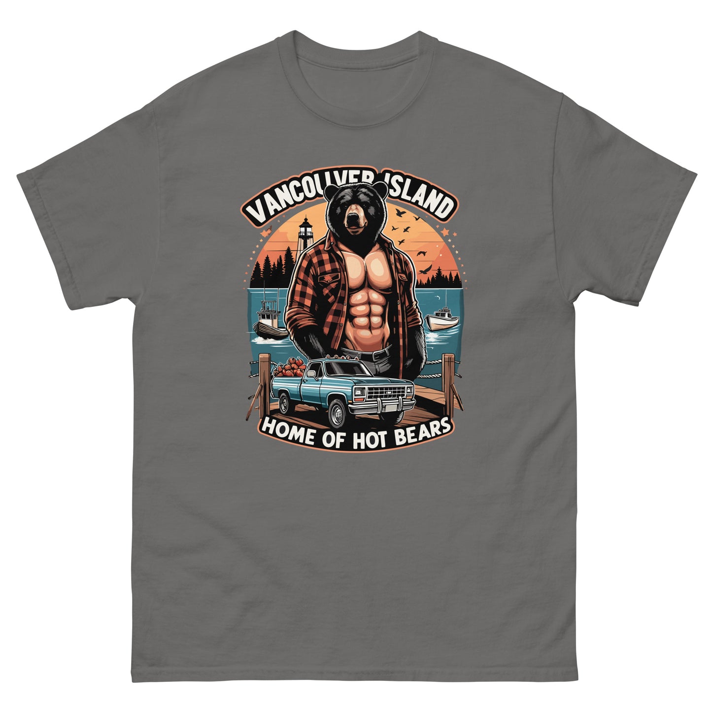 T-shirt with Vancouver Island Home of Bears print wtih a shirtless man with a bear head, truck and ocean behind, printed by Whistler Shirts
