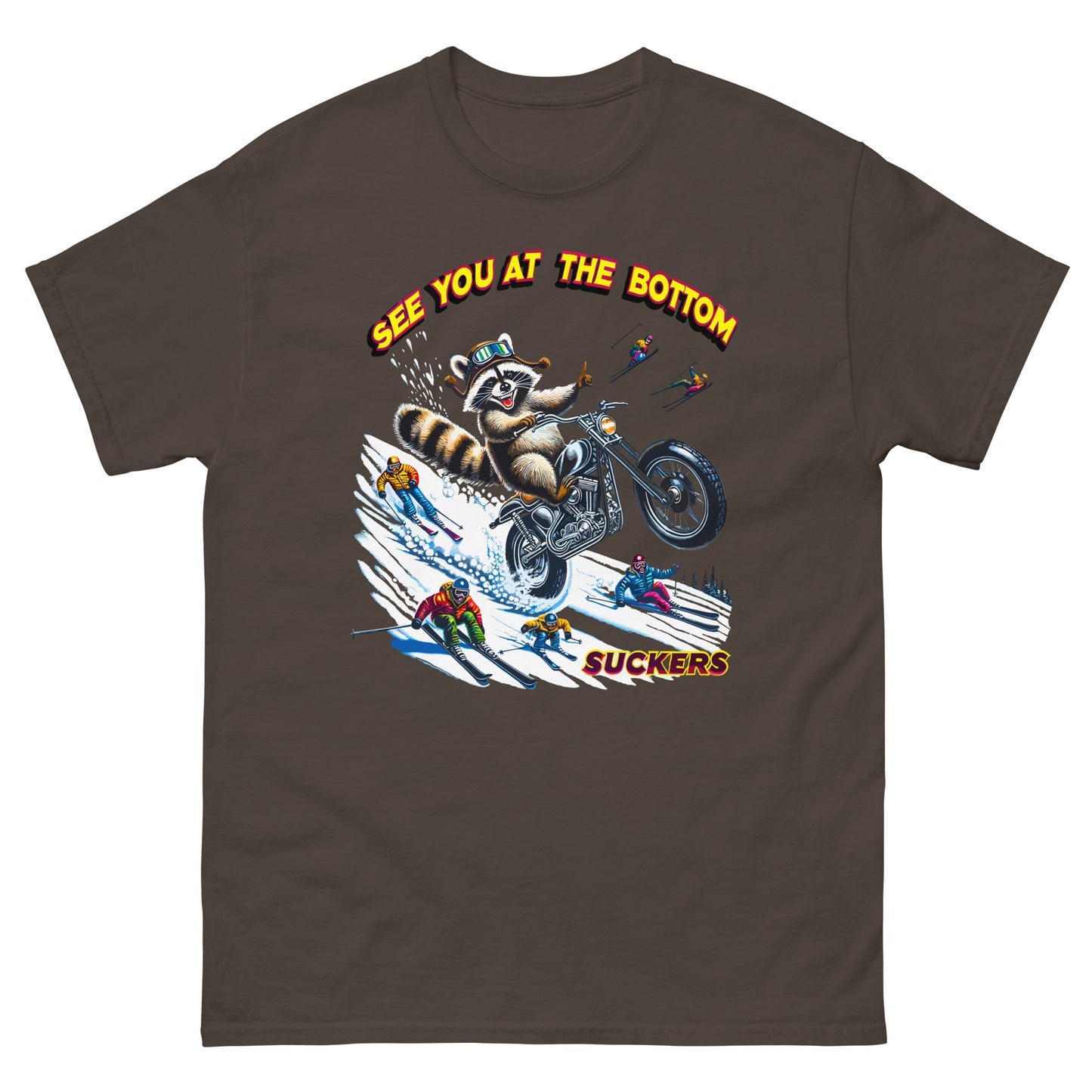 See you at the bottom suckers, racoon biking down the snow, printed t-shirt by Whistler Shirts