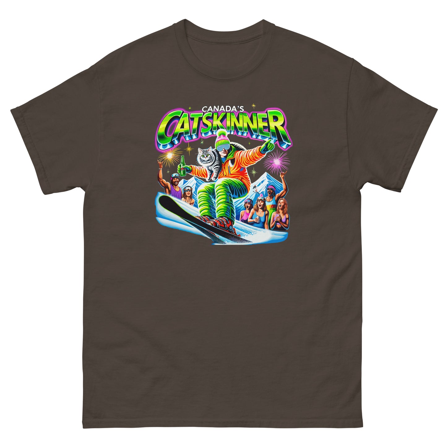 Canadas Catskinner person skiing with cat with people cheering printed on t-shirt by Whistler Shirts