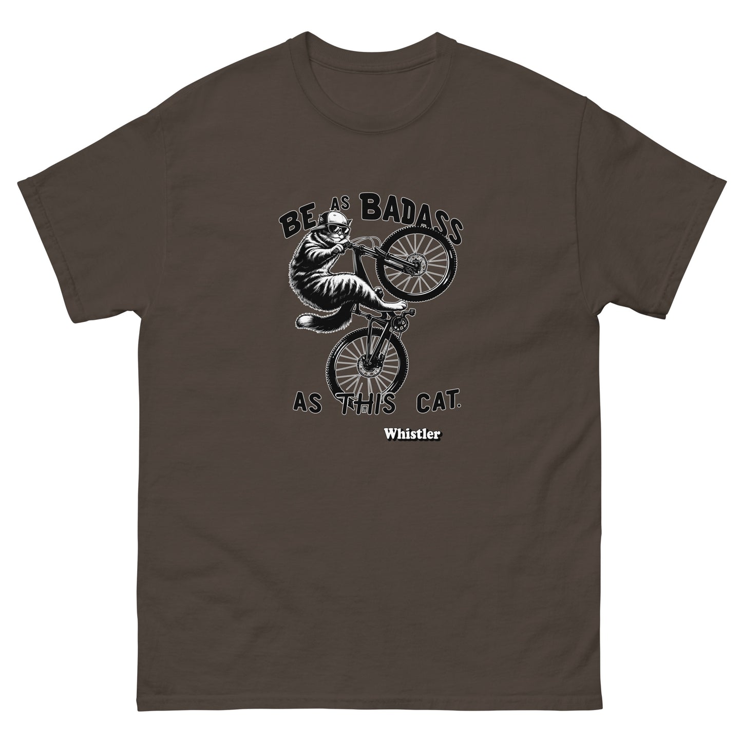 Be as badass as this cat whistler cat riding a bike design printed on a t-shirt by Whistler Shirts