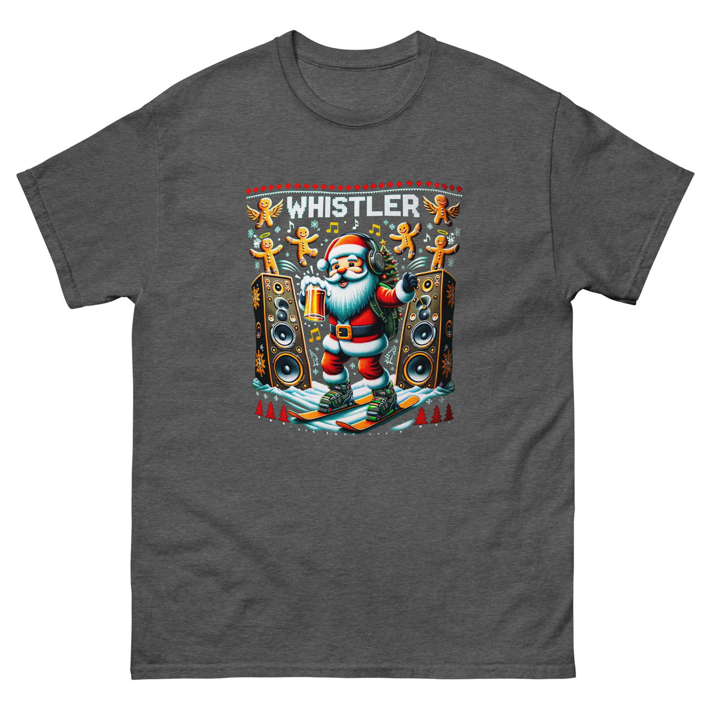 Rave santa drinking beer while skiing with giant speakers and ginger bread men in Whistler, ugly Christmas t-shirt printed by Whistler Shirts