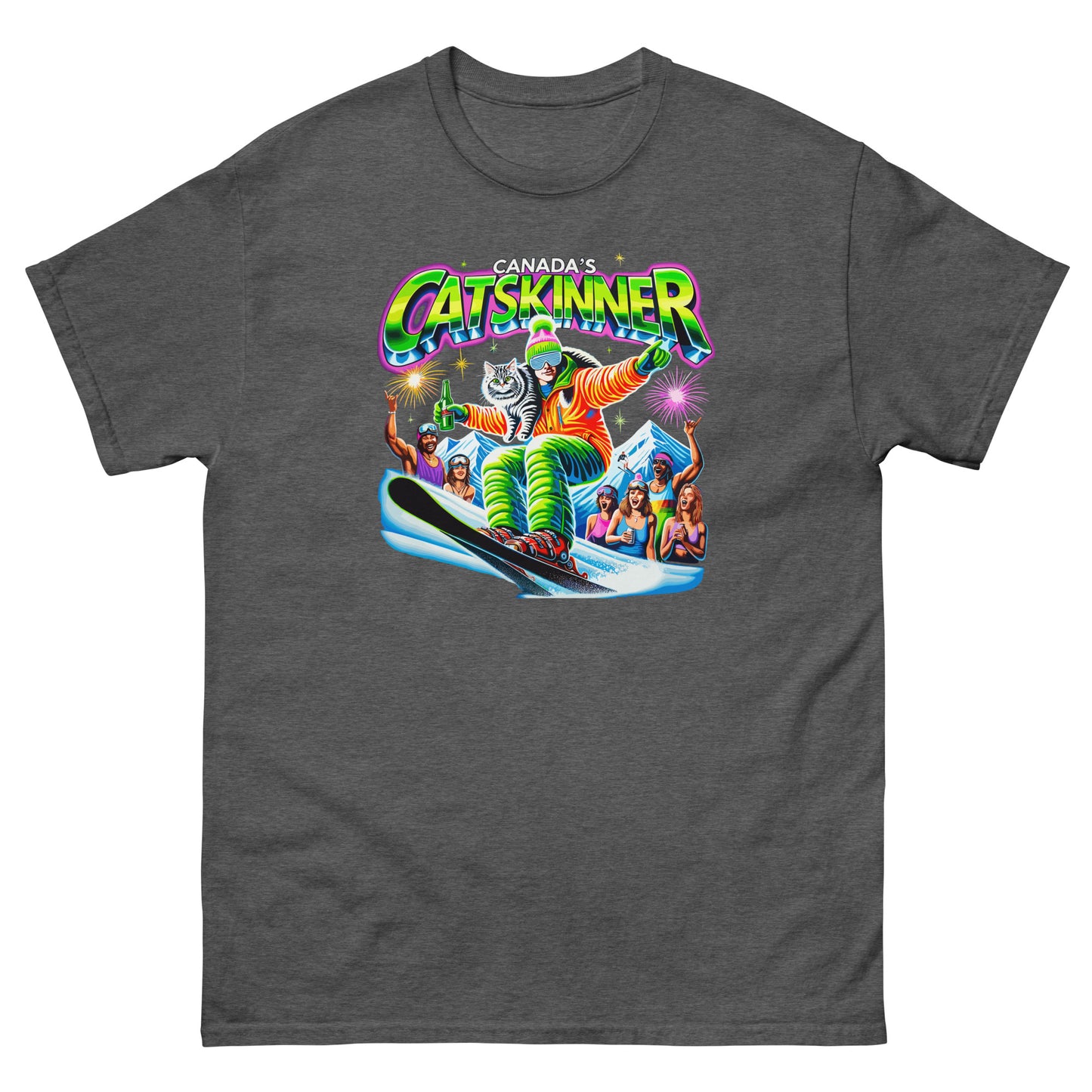 Canadas Catskinner person skiing with cat with people cheering printed on t-shirt by Whistler Shirts