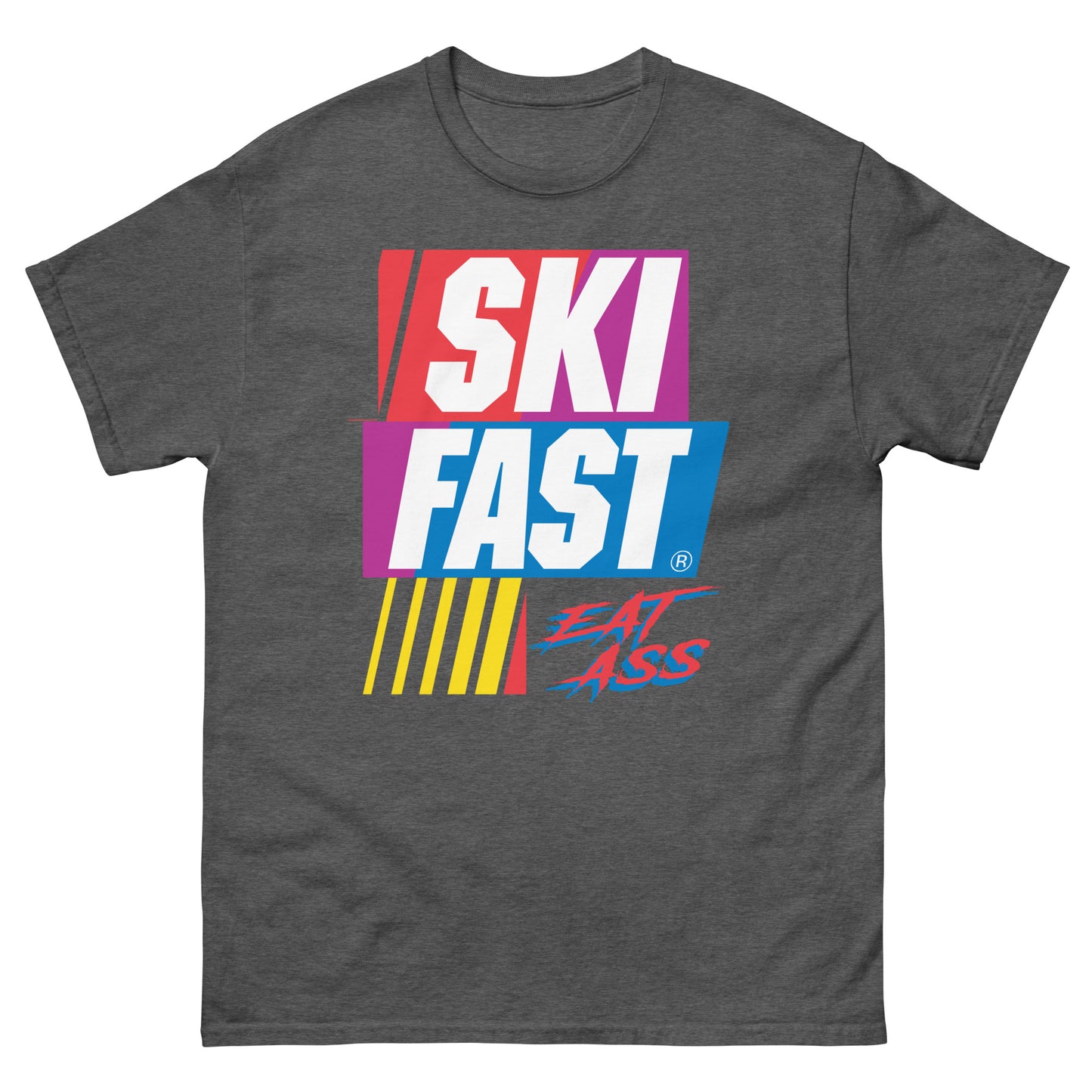 Ski fast eat ass printed on a t-shirt by Whistler Shirts