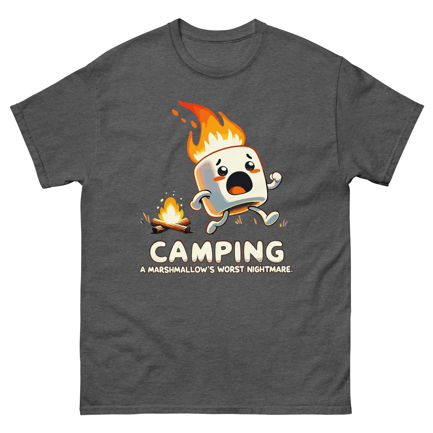 Camping a marshmellow's worst nightmare with flaming marshmellow running away scared from a campfire. Printed t-shirt by Whistler Shirts