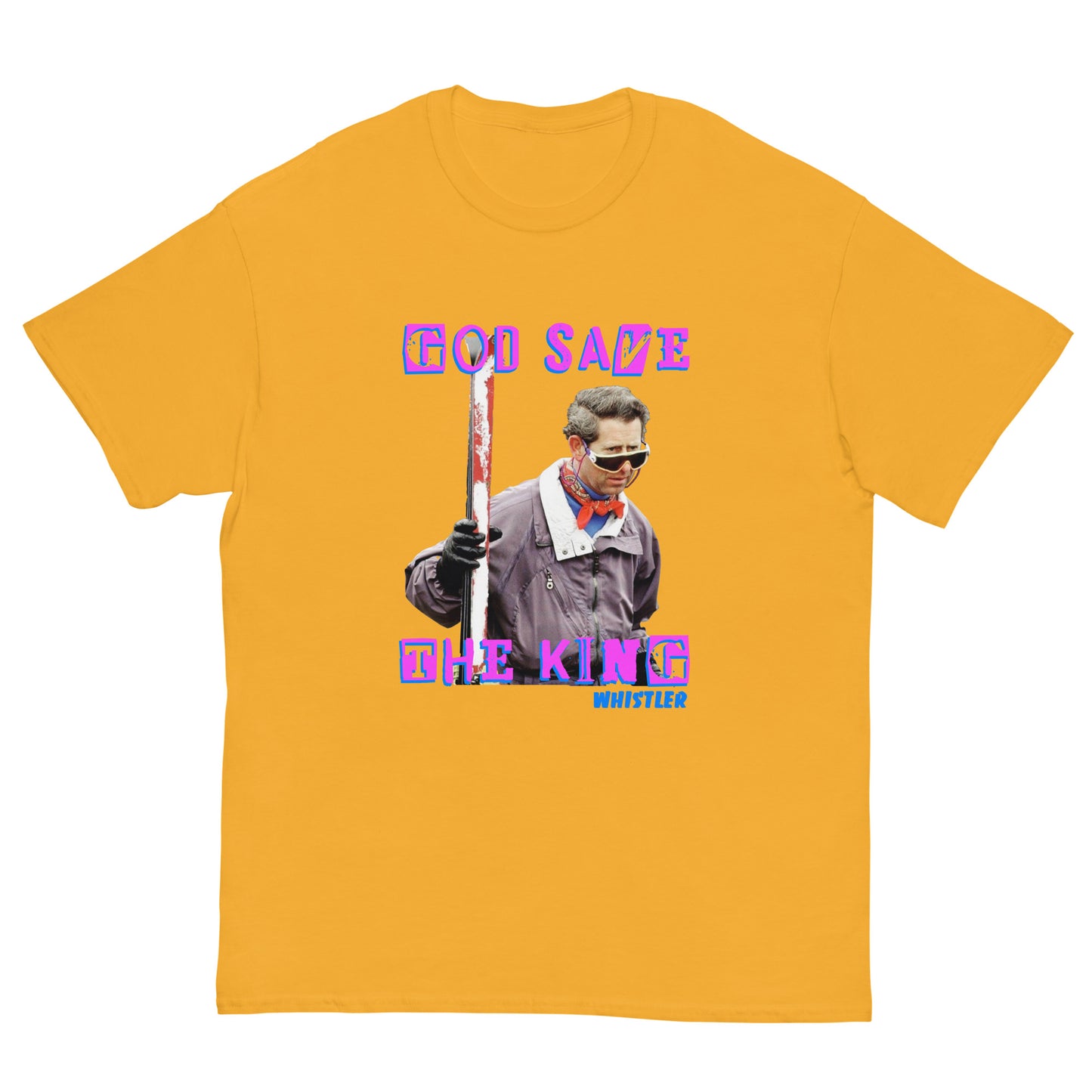 printed t-shirt god save the king whistler yellow