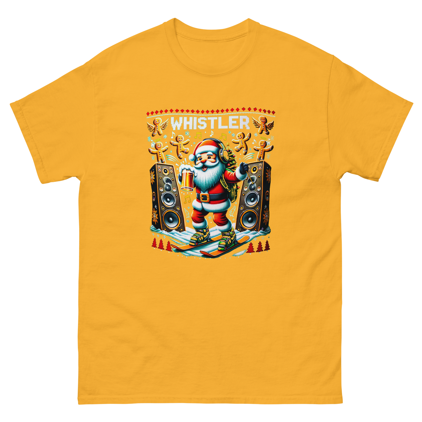 Rave santa drinking beer while skiing with giant speakers and ginger bread men in Whistler, ugly Christmas t-shirt printed by Whistler Shirts