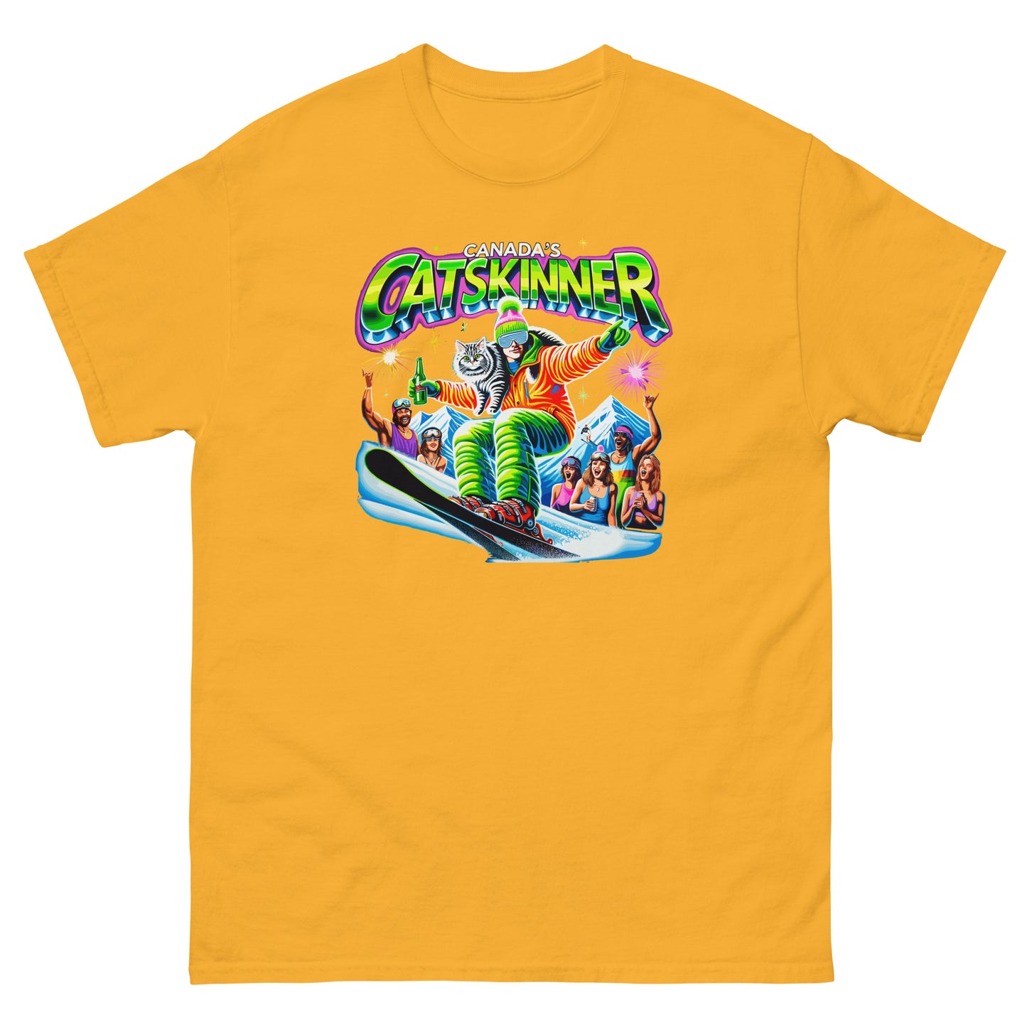 Canadas Catskinner person skiing with cat with people cheering printed on t-shirt by Whistler Shirts