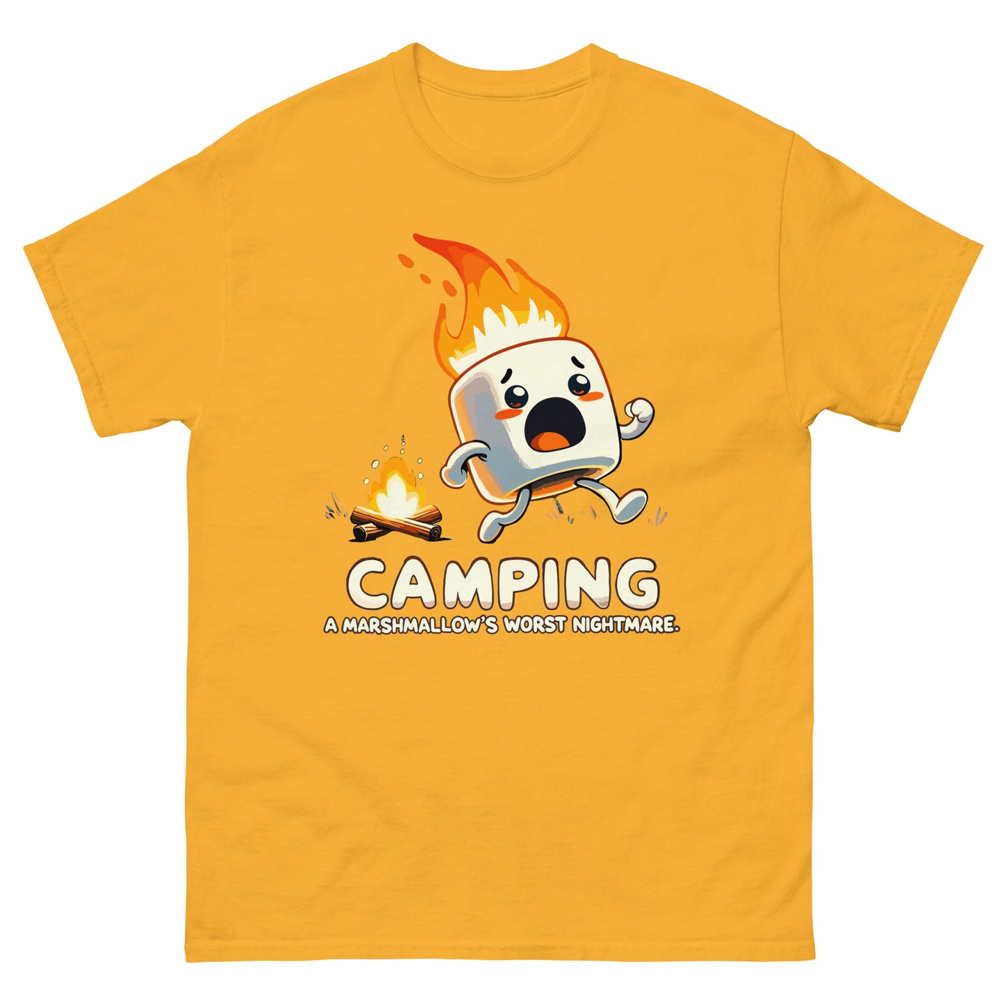 Camping a marshmellow's worst nightmare with flaming marshmellow running away scared from a campfire. Printed t-shirt by Whistler Shirts