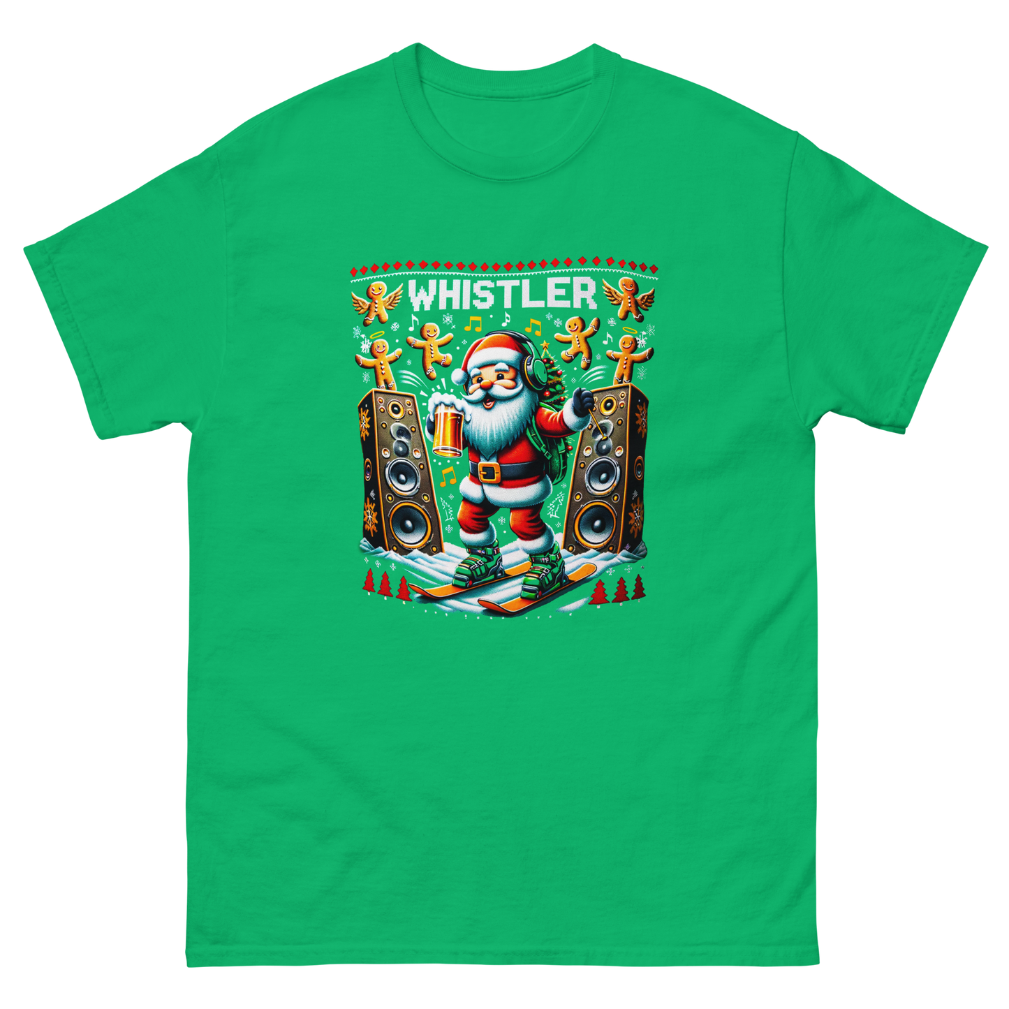 Rave santa drinking beer while skiing with giant speakers and ginger bread men in Whistler, ugly Christmas t-shirt printed by Whistler Shirts