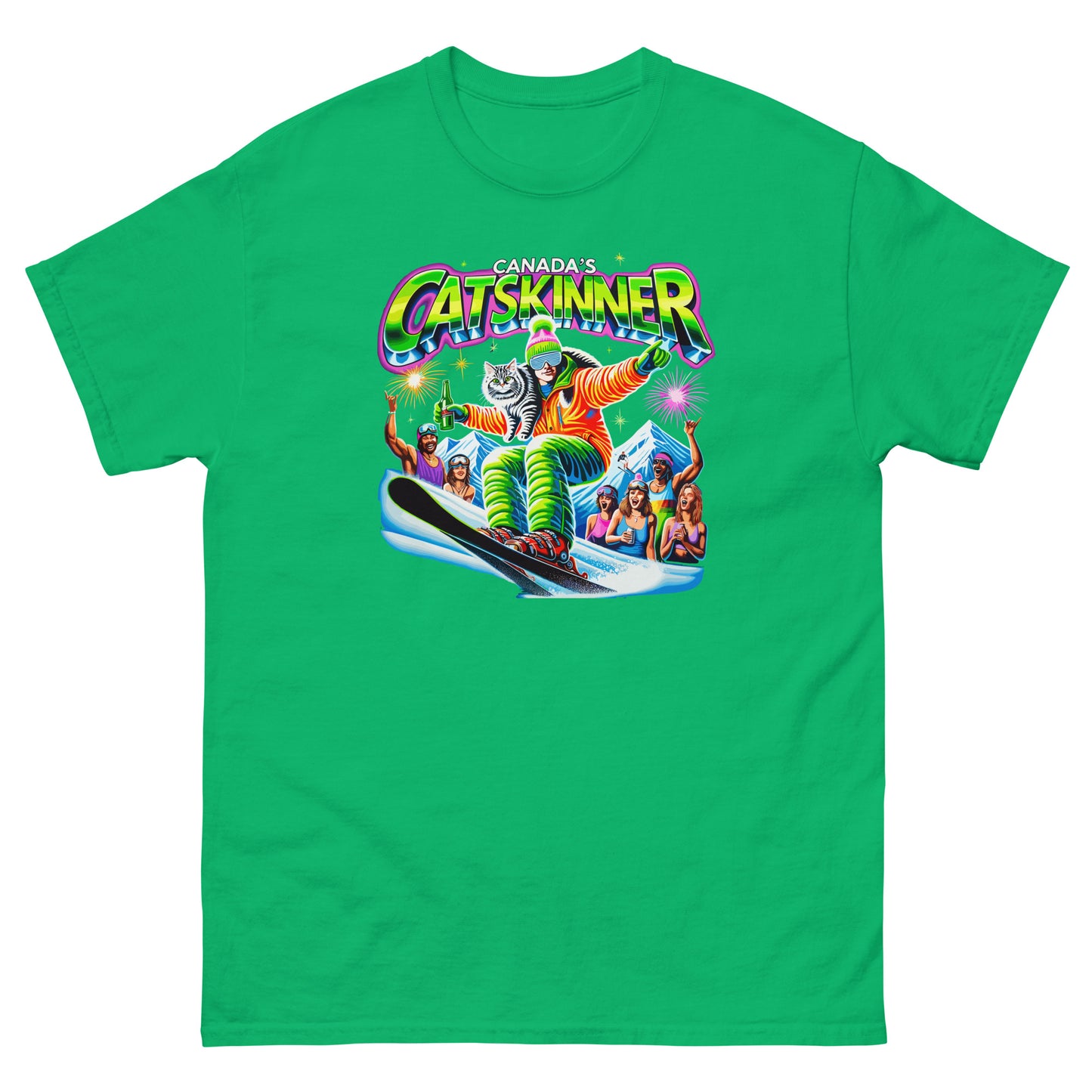 Canadas Catskinner person skiing with cat with people cheering printed on t-shirt by Whistler Shirts