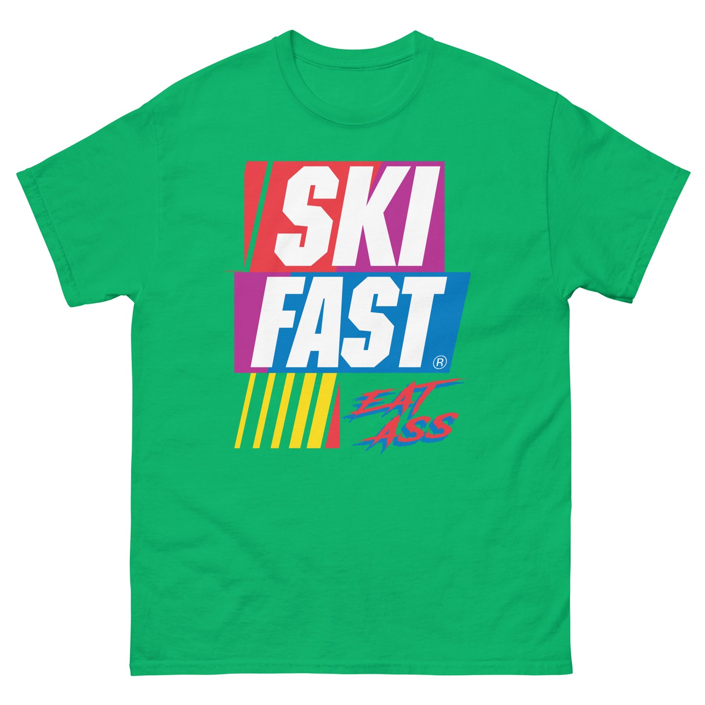 Ski fast eat ass printed on a t-shirt by Whistler Shirts