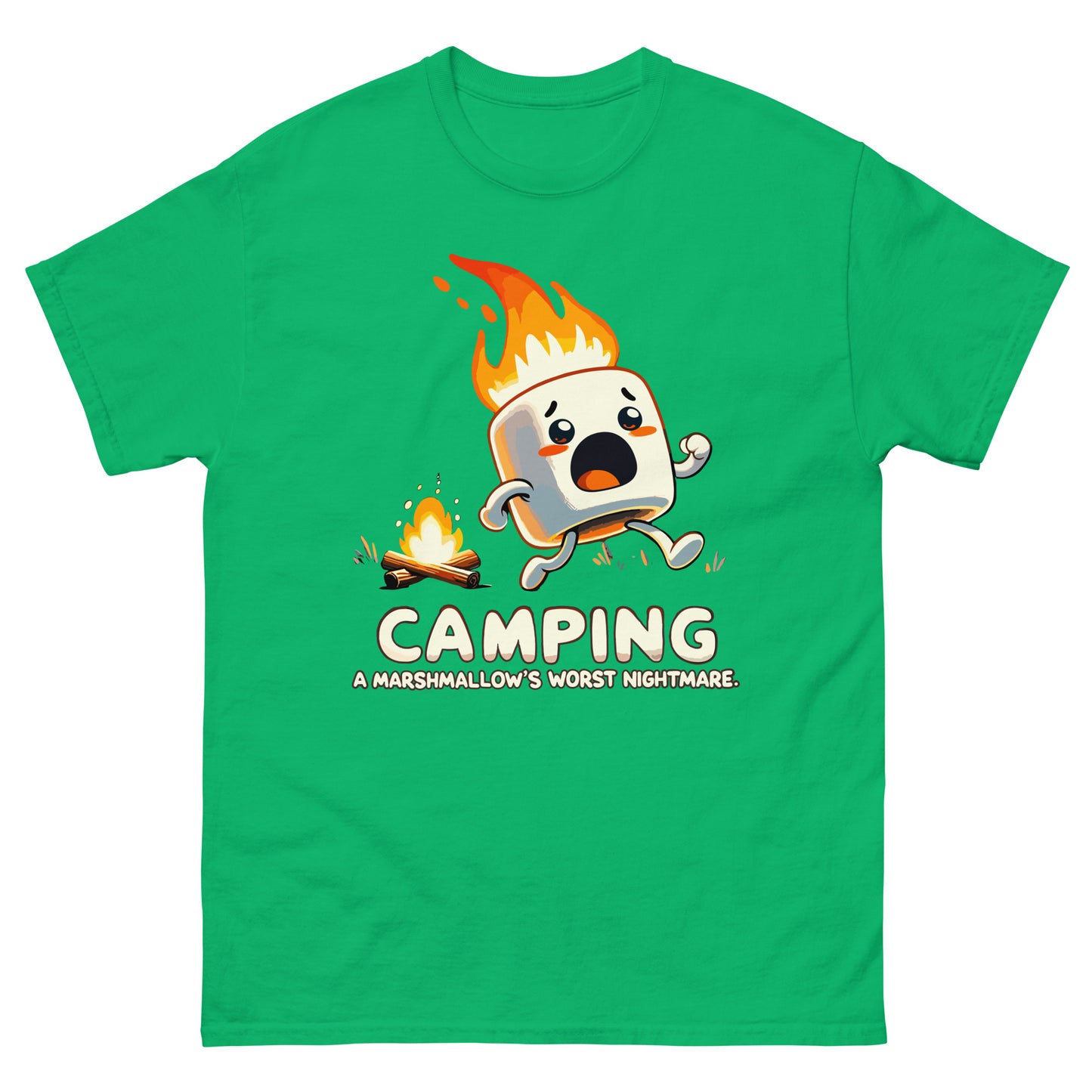 Camping a marshmellow's worst nightmare with flaming marshmellow running away scared from a campfire. Printed t-shirt by Whistler Shirts