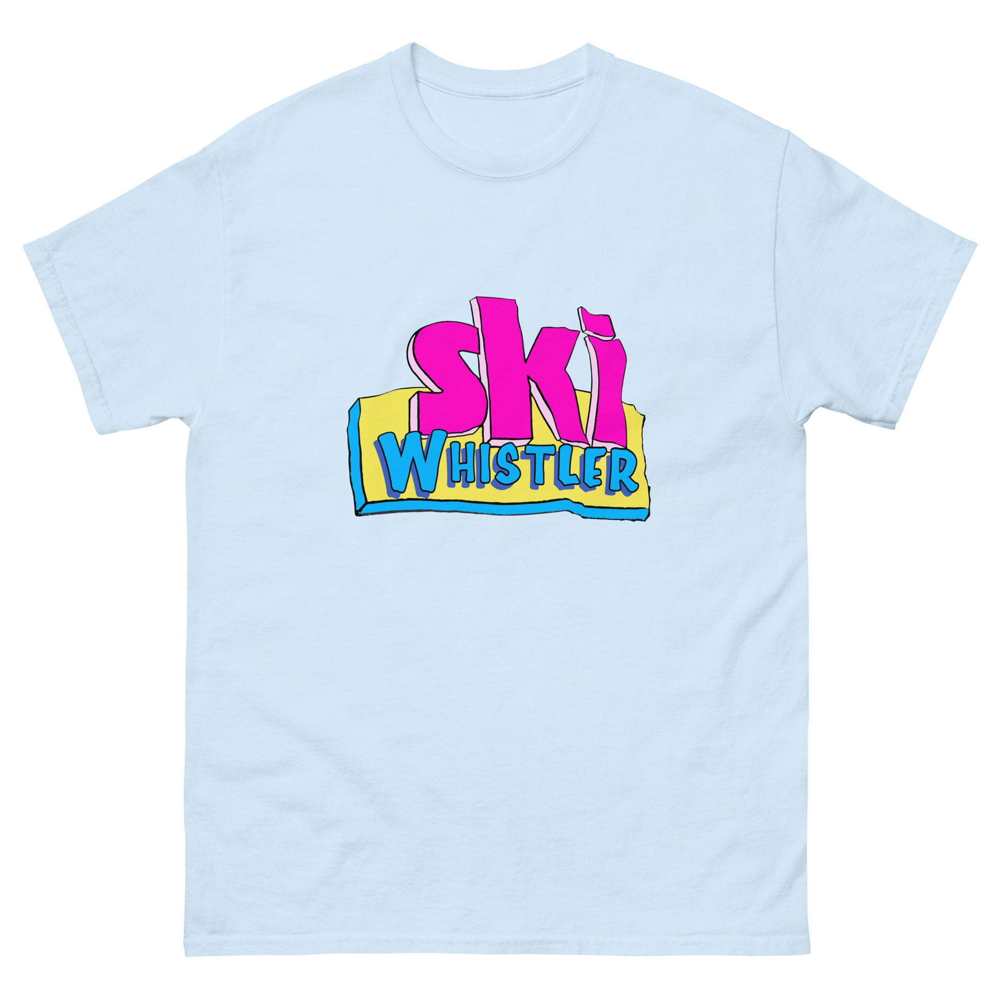 Ski Whistler printed in cartoon text on t-shirt by Whistler Shirts