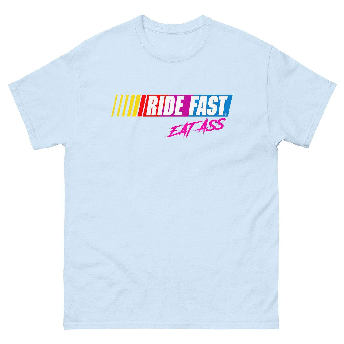 Ride fast eat ass design printed on t-shirt by Whistler Shirts