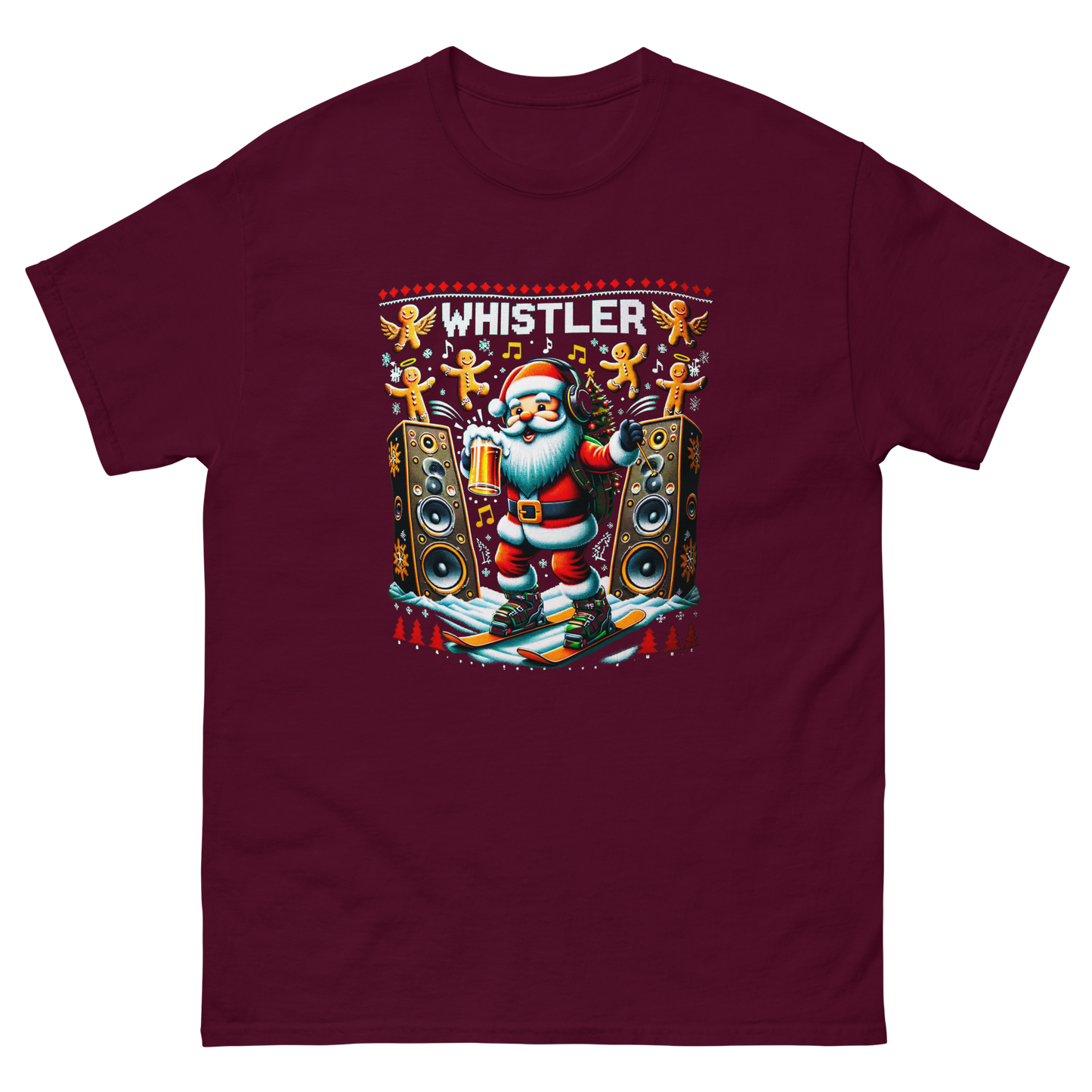 Rave santa drinking beer while skiing with giant speakers and ginger bread men in Whistler, ugly Christmas t-shirt printed by Whistler Shirts