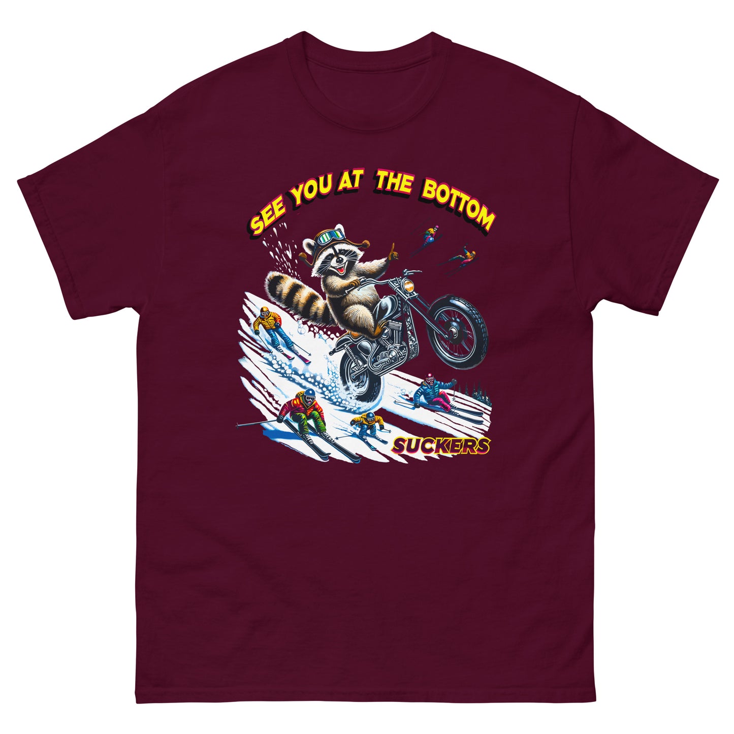 See you at the bottom suckers, racoon biking down the snow, printed t-shirt by Whistler Shirts
