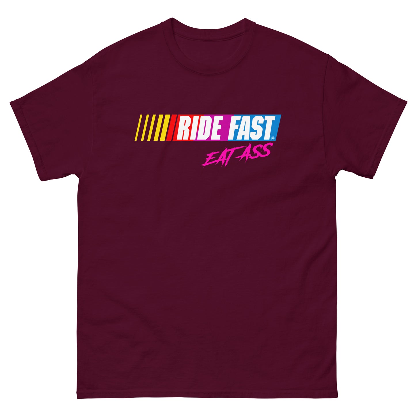 Ride fast eat ass design printed on t-shirt by Whistler Shirts