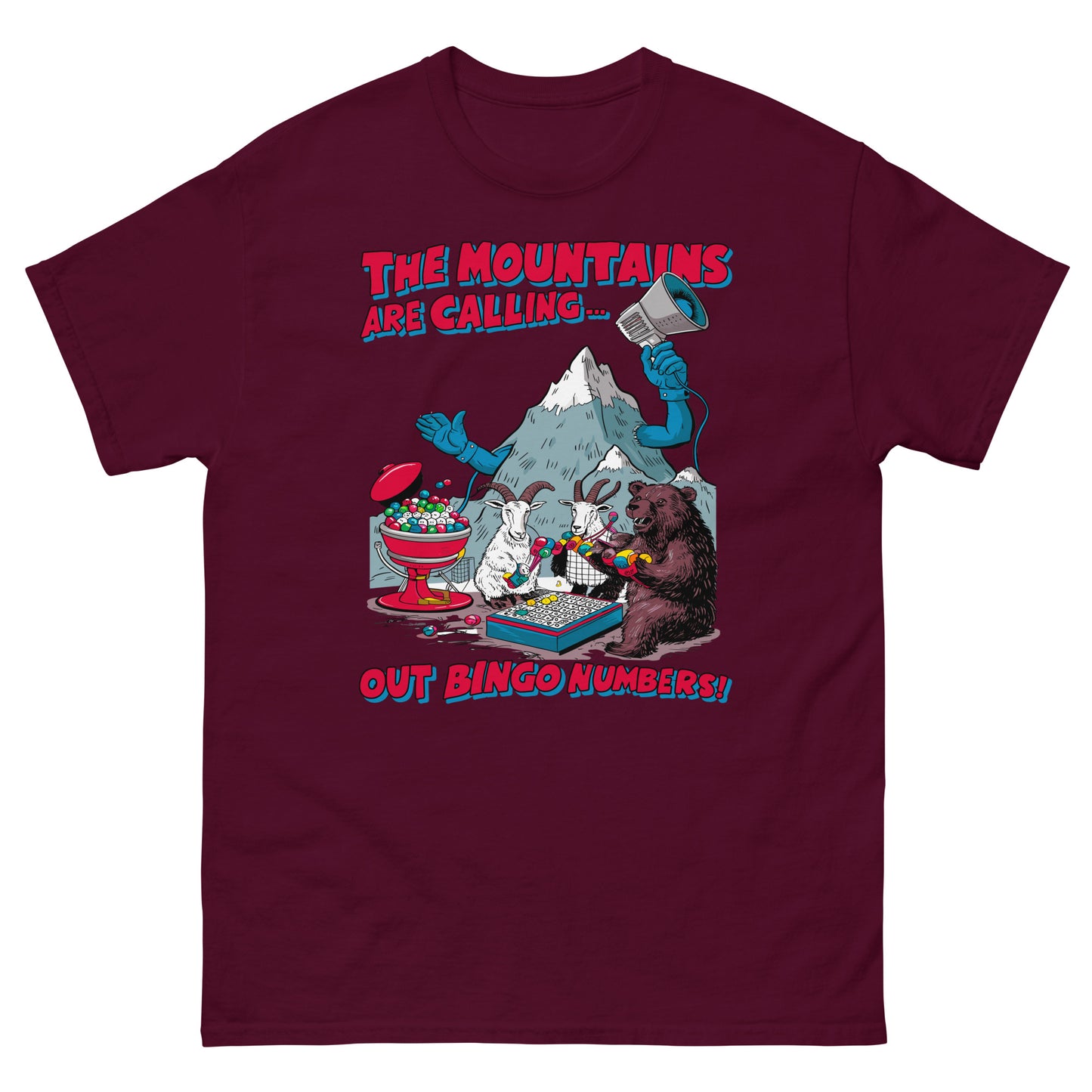 The mountains are calling out bingo numbers design printed on t-shirt by Whistler Shirts