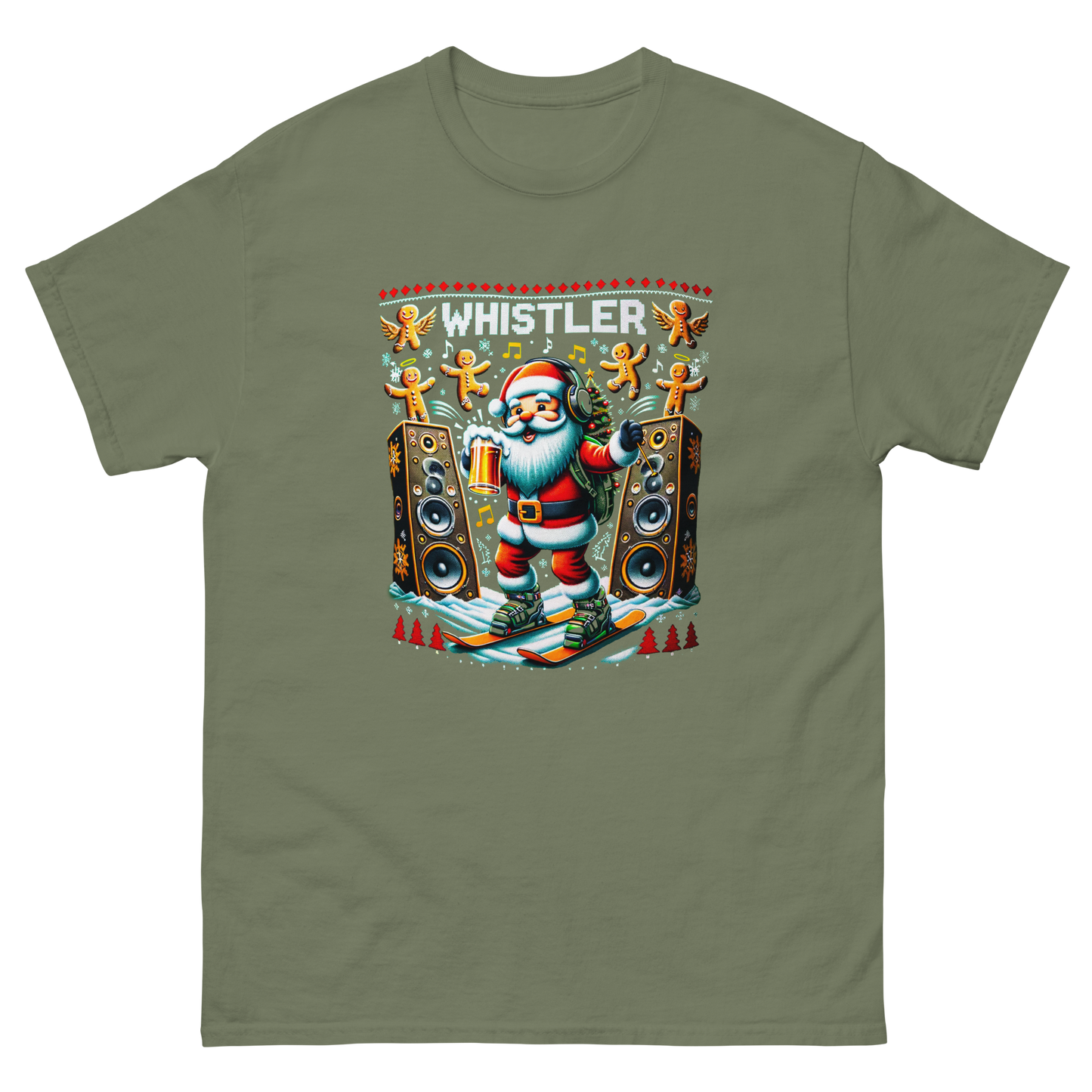Rave santa drinking beer while skiing with giant speakers and ginger bread men in Whistler, ugly Christmas t-shirt printed by Whistler Shirts